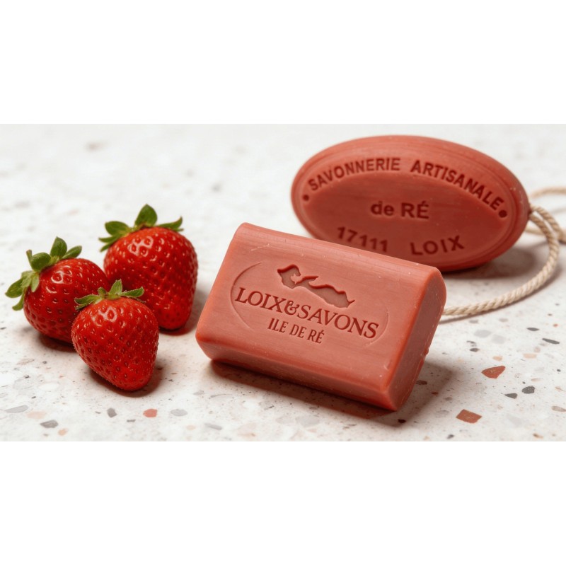 Savon artisanal surgras parfum fraise 100g et 200g ficelle Loix Savons Ile de Re