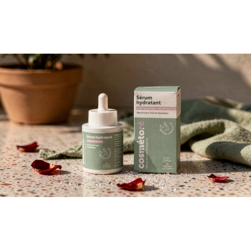 serum hydratant au lait d anesse et son etui sur un plan en terrazzo