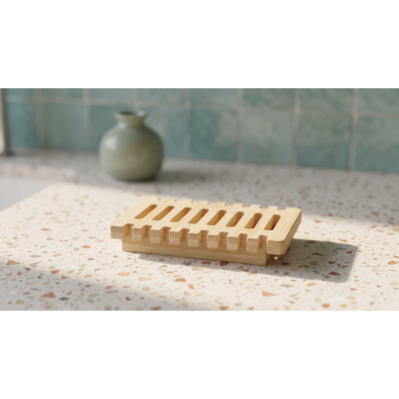 Porte-savon carre en bambou clair sur un plan en terrazzo