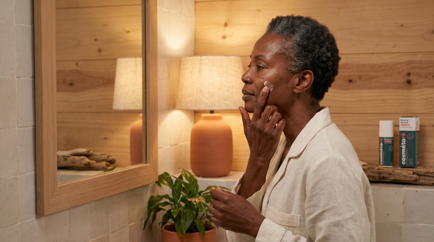 femme appliquant le baume de nuit au lait d anesse devant le miroir