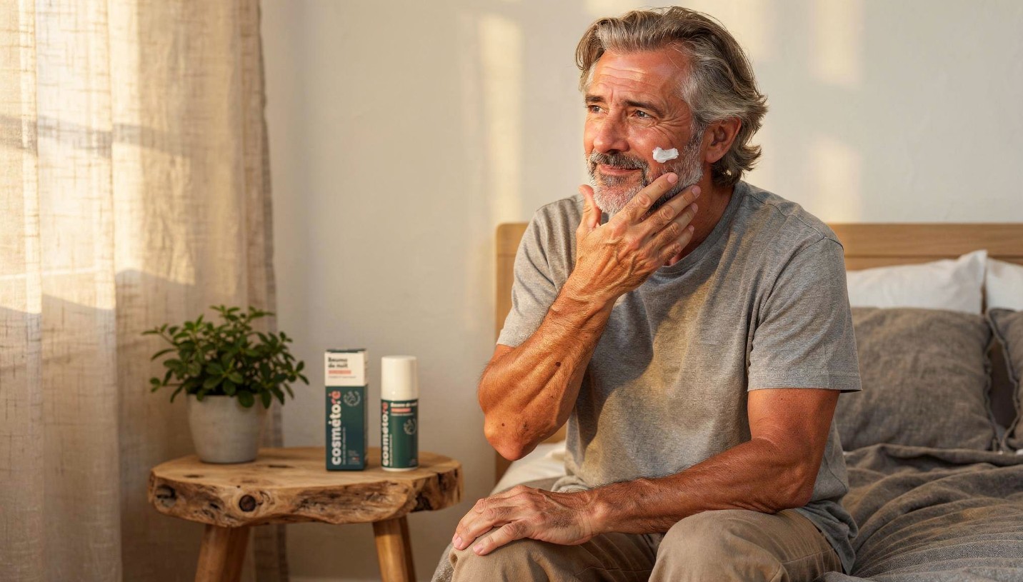 homme appliquant le baume de nuit au lait d anesse le soir