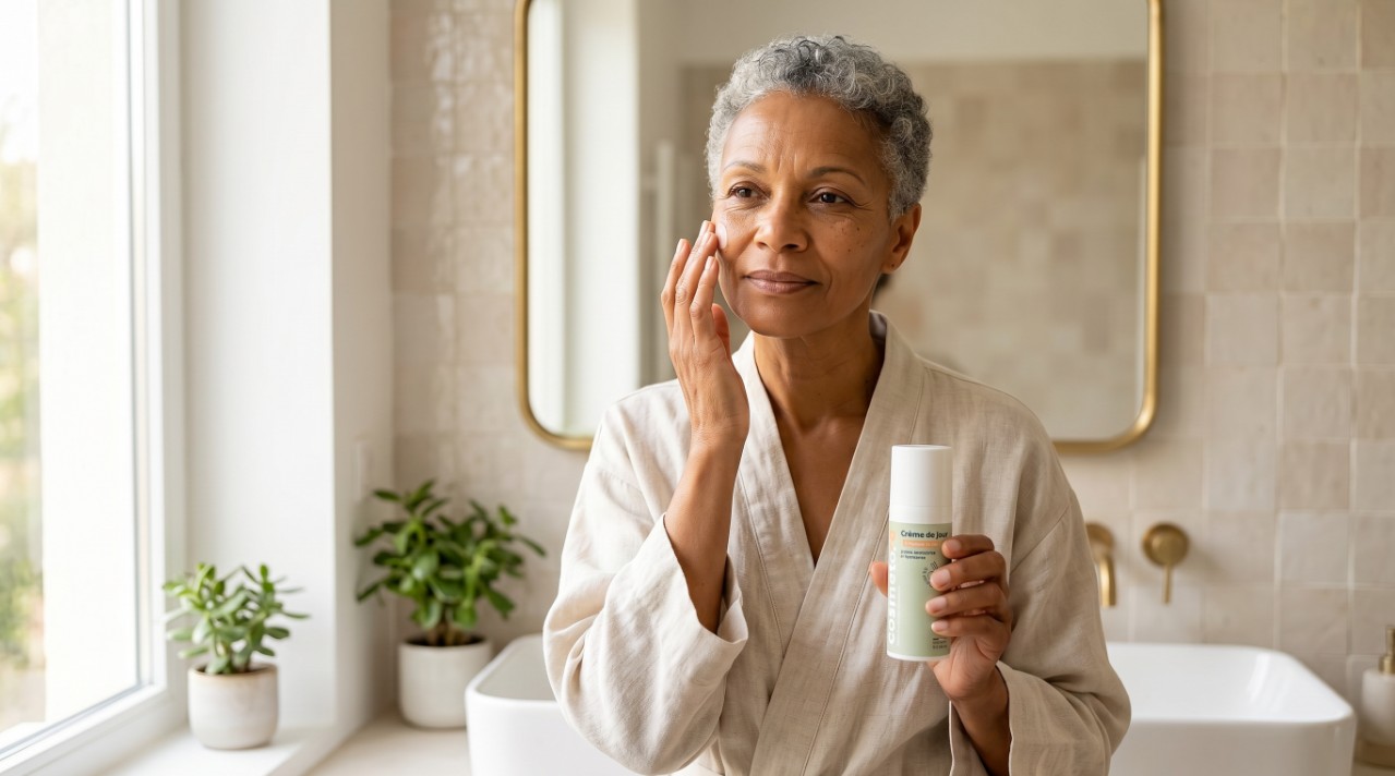 femme appliquant la creme de jour au lait d anesse le matin