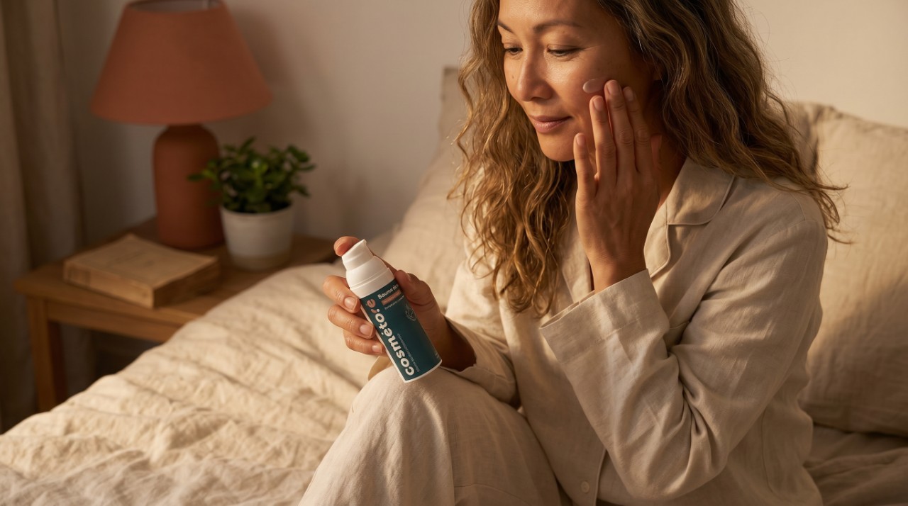 femme appliquant le baume de nuit au lait d anesse le soir