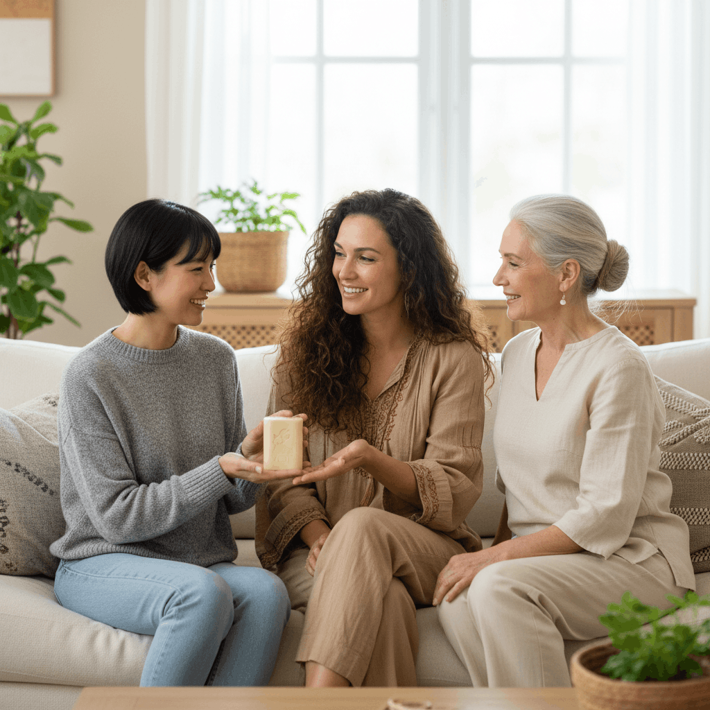 Trois femmes de différents âges partageant leur avis sur le savon au lait de chèvre