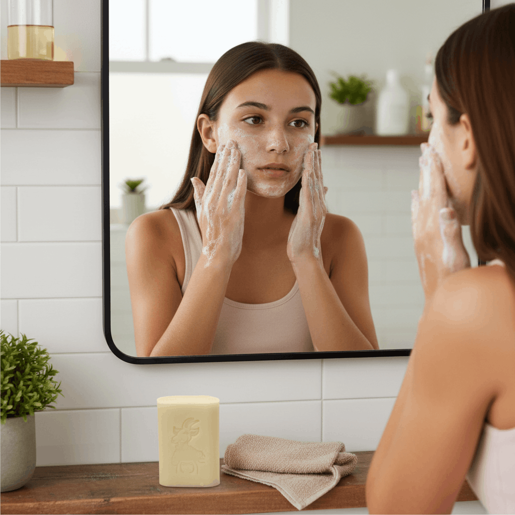 Adolescente nettoyant son visage avec du savon au lait de chèvre