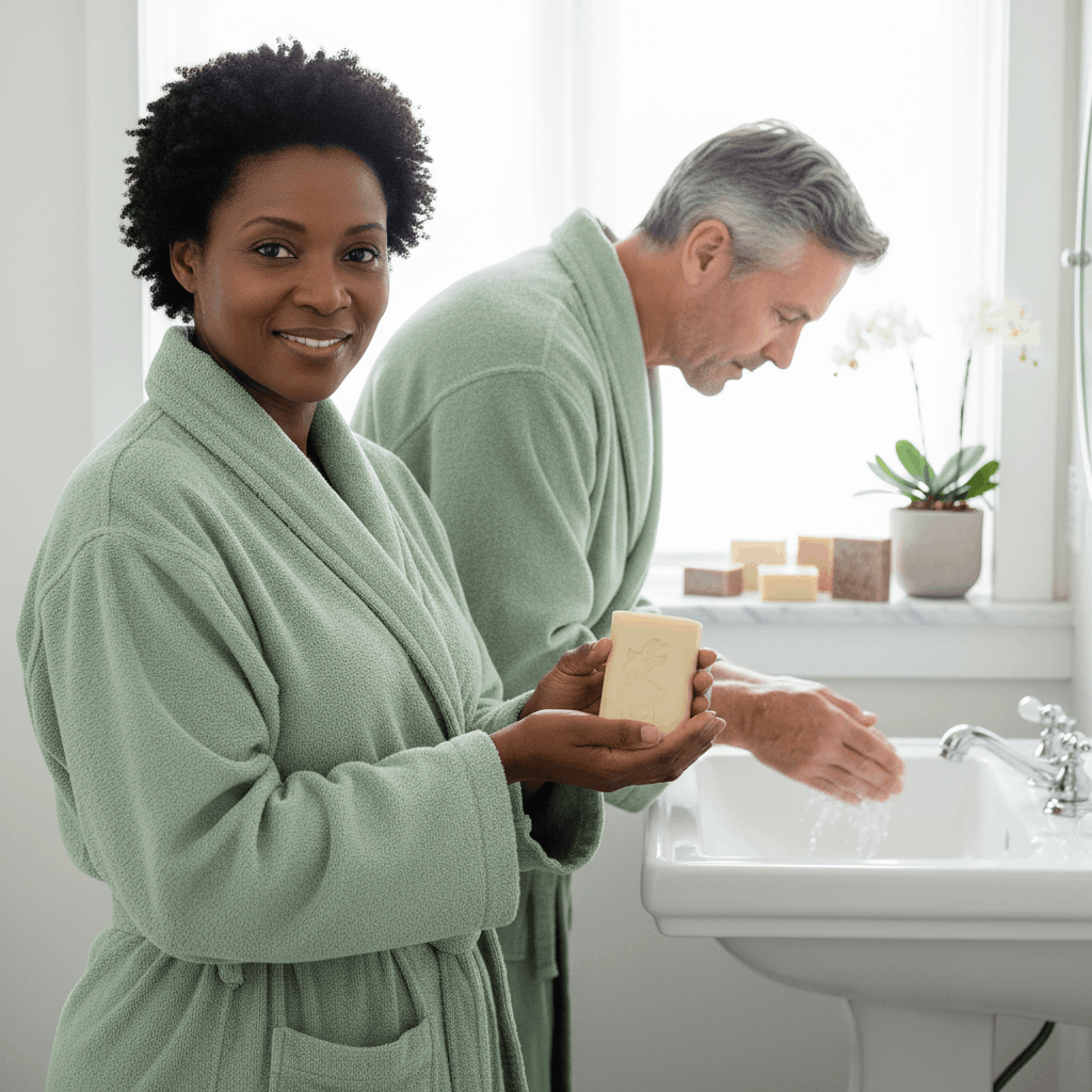 Couple utilisant du savon artisanal au lait de chèvre dans leur salle de bain
