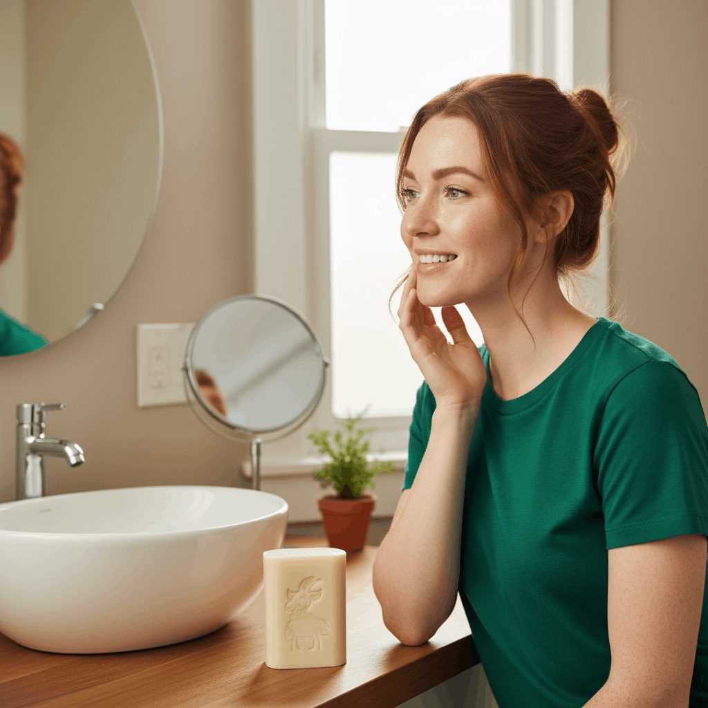 Photo hyper réaliste d'une femme de 35 ans aux cheveux roux attachés en chignon, yeux noisette, portant un t-shirt blanc, regardant sa peau dans un miroir de salle de bain avec un sourire satisfait. Peau lumineuse et nette. Savon artisanal beige visible sur le lavabo. Lumière naturelle, tons neutres. Style photographie lifestyle authentique, cosmétique naturel.