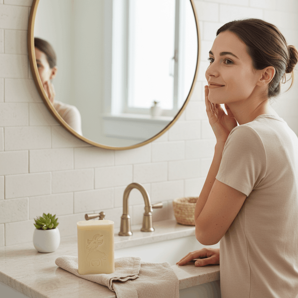 Femme satisfaite regardant sa peau après utilisation du savon au lait de chèvre