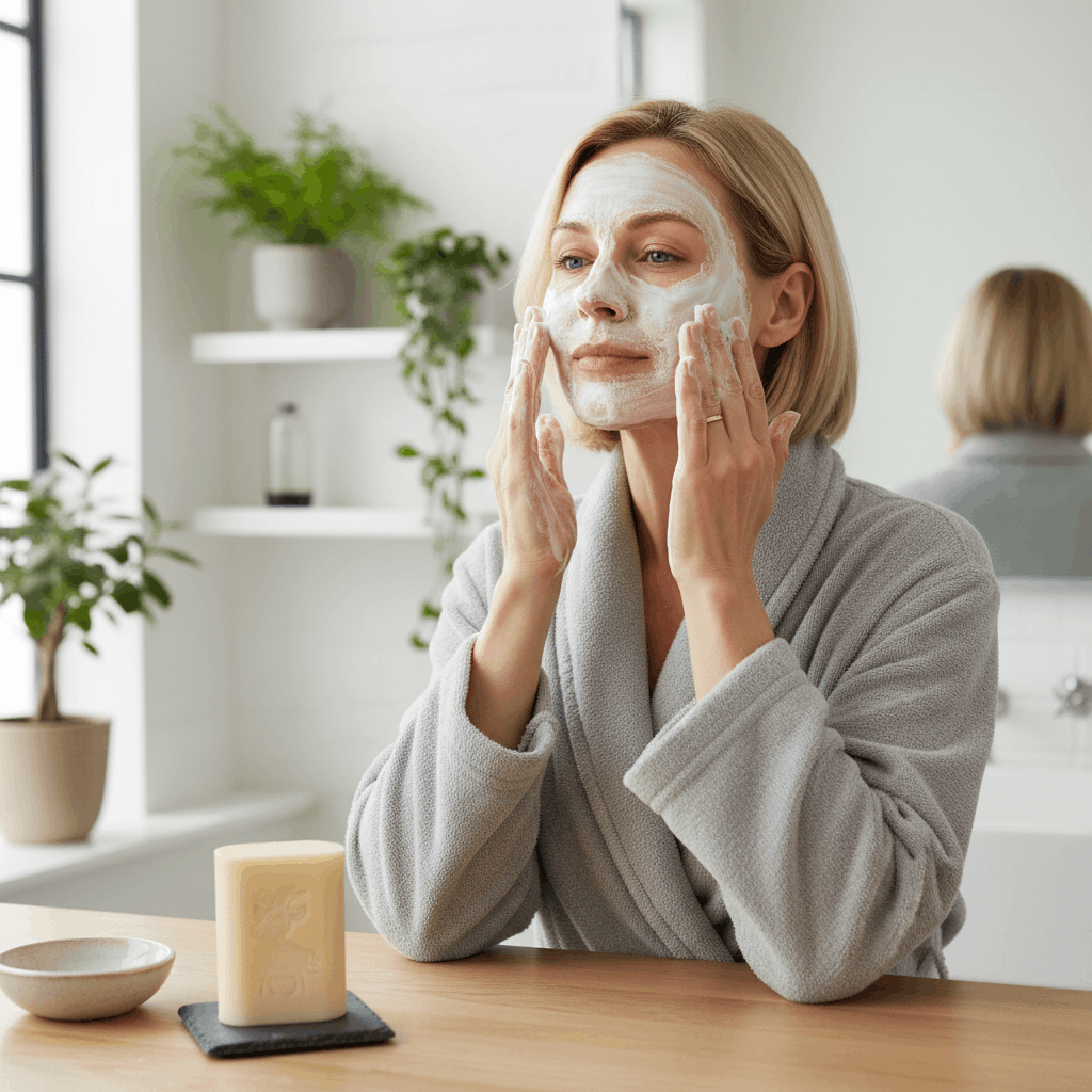 Femme appliquant un masque au savon au lait de chèvre sur son visage