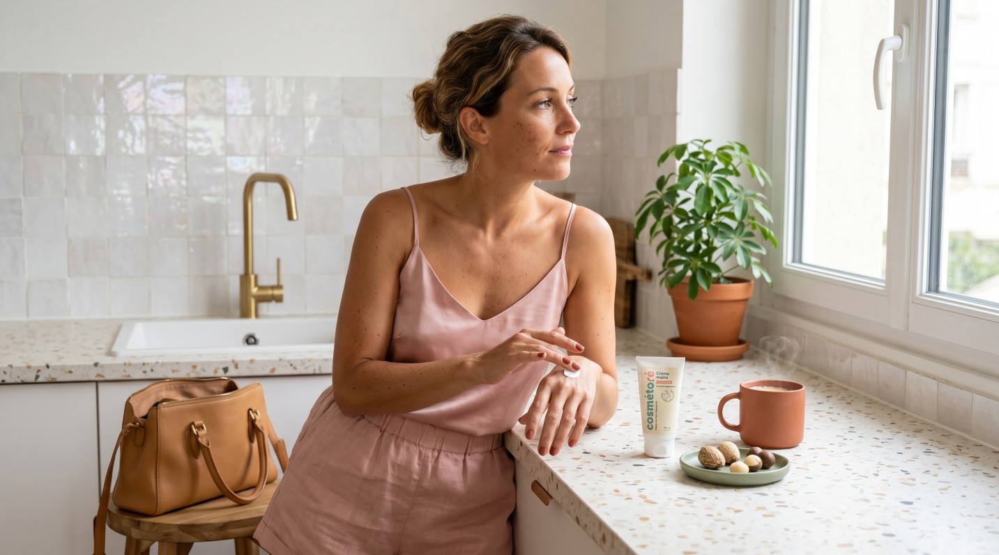 Femme active application creme mains lait anesse cuisine moderne matin
