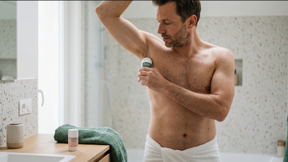 homme applique un deodorant solide naturel senteur sapin