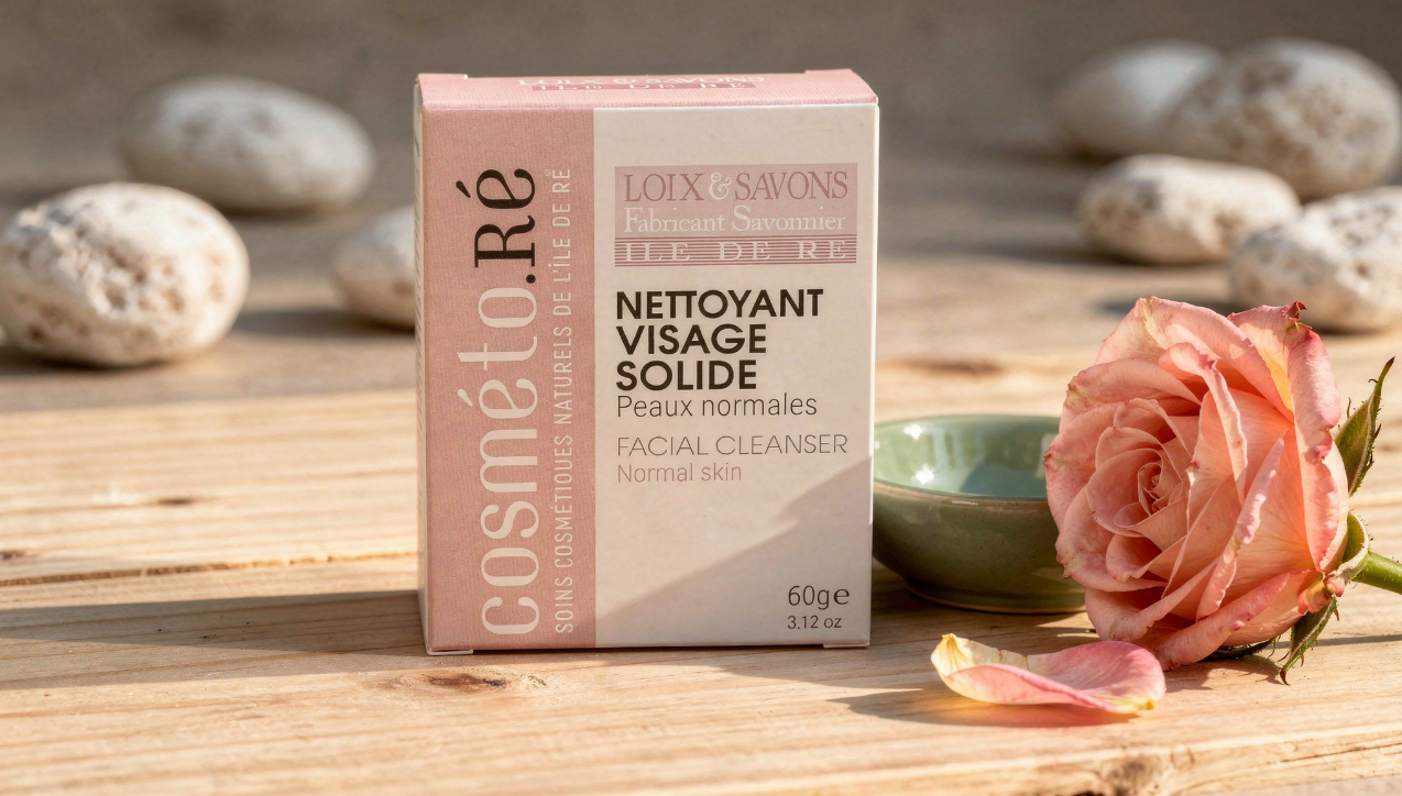 boite rose nettoyant visage solide cosmeto re sur bois clair avec une rose