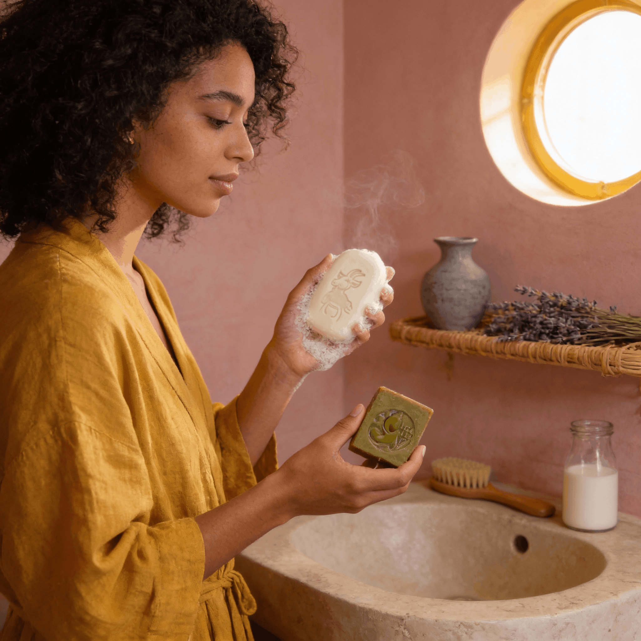 Femme aux cheveux naturels utilisant savon au lait de chèvre dans salle de bain bohème avec savon d'Alep en arrière-plan