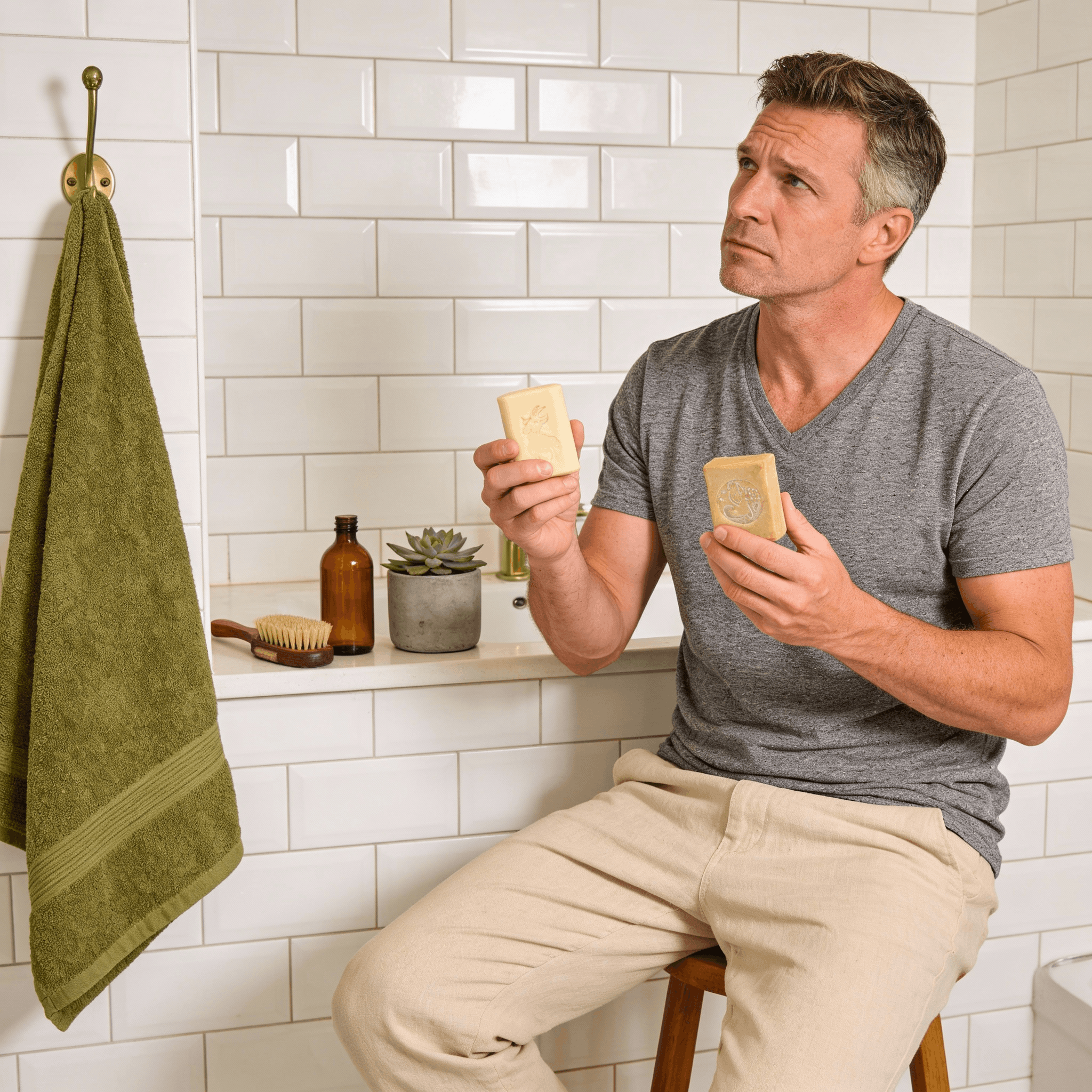 Homme avec peau irritée comparant savon d'Alep et savon au lait de chèvre dans sa salle de bain