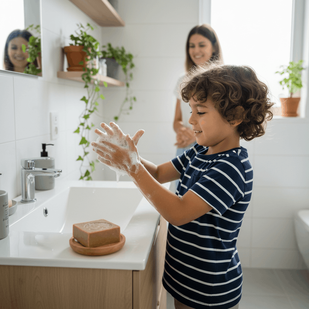 Enfant faisant mousser savon d'Alep dans salle de bain Ile de Ré