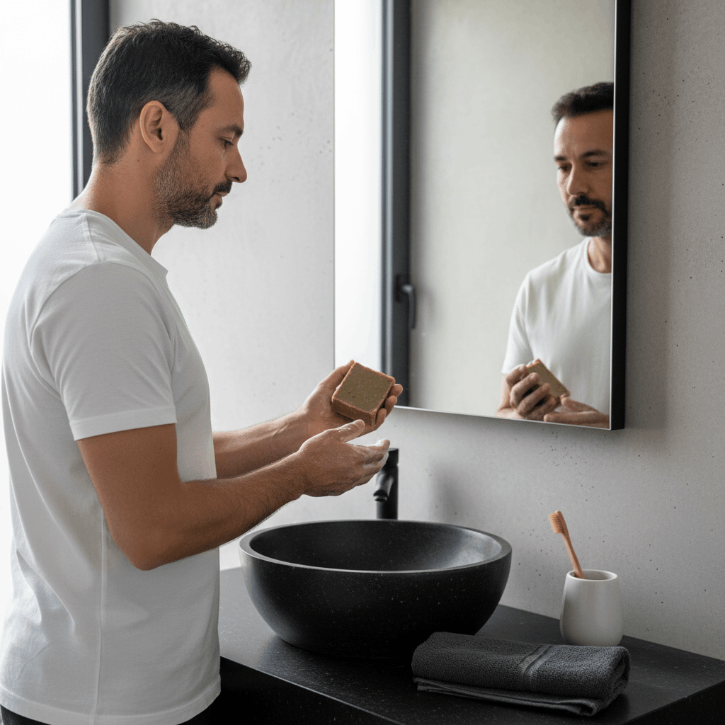 Homme avec peau sensible utilisant savon d'Alep 30% dans salle de bain moderne