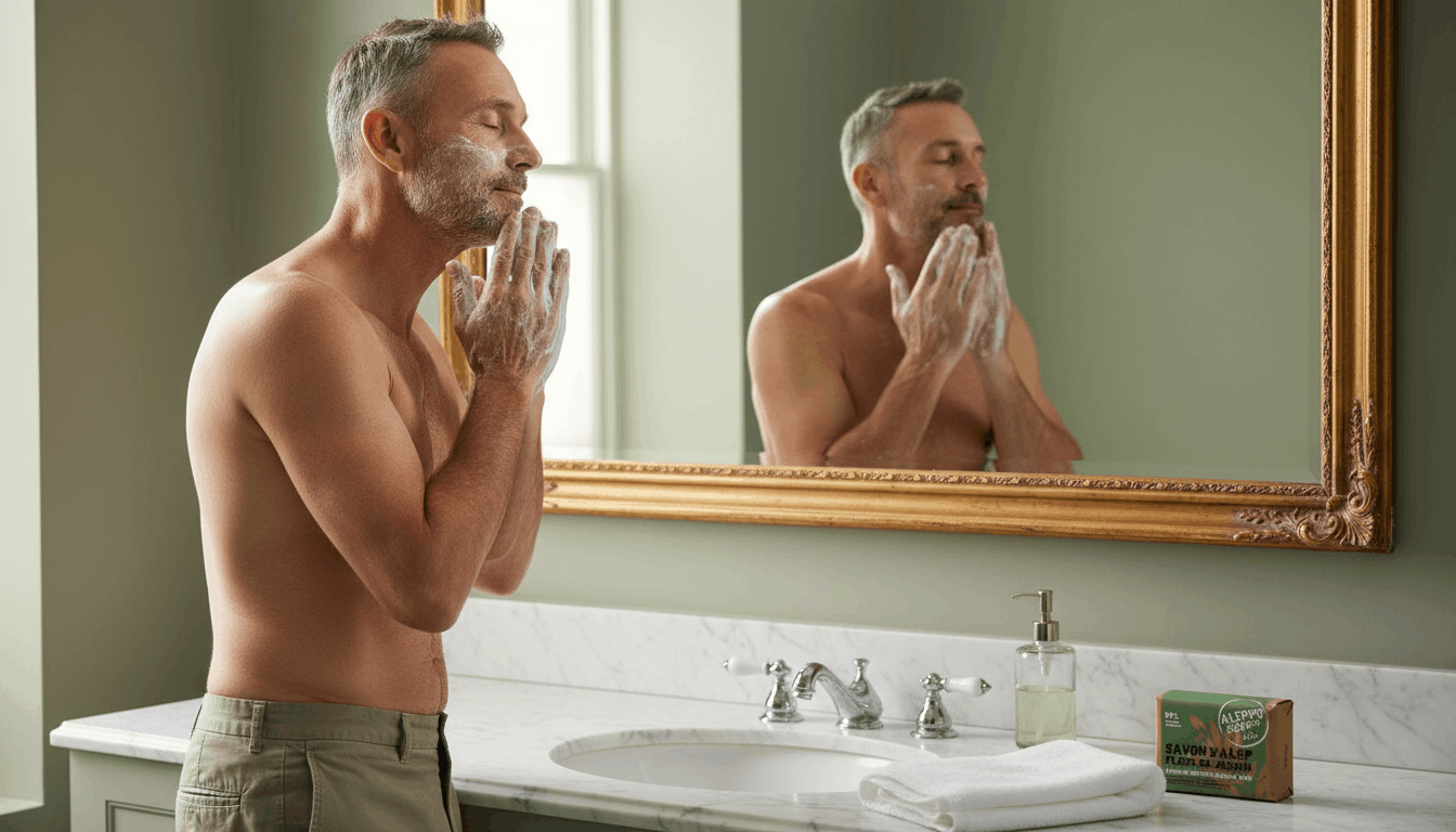 Homme aux cheveux gris appliquant un savon d'Alep jasmin sur son visage