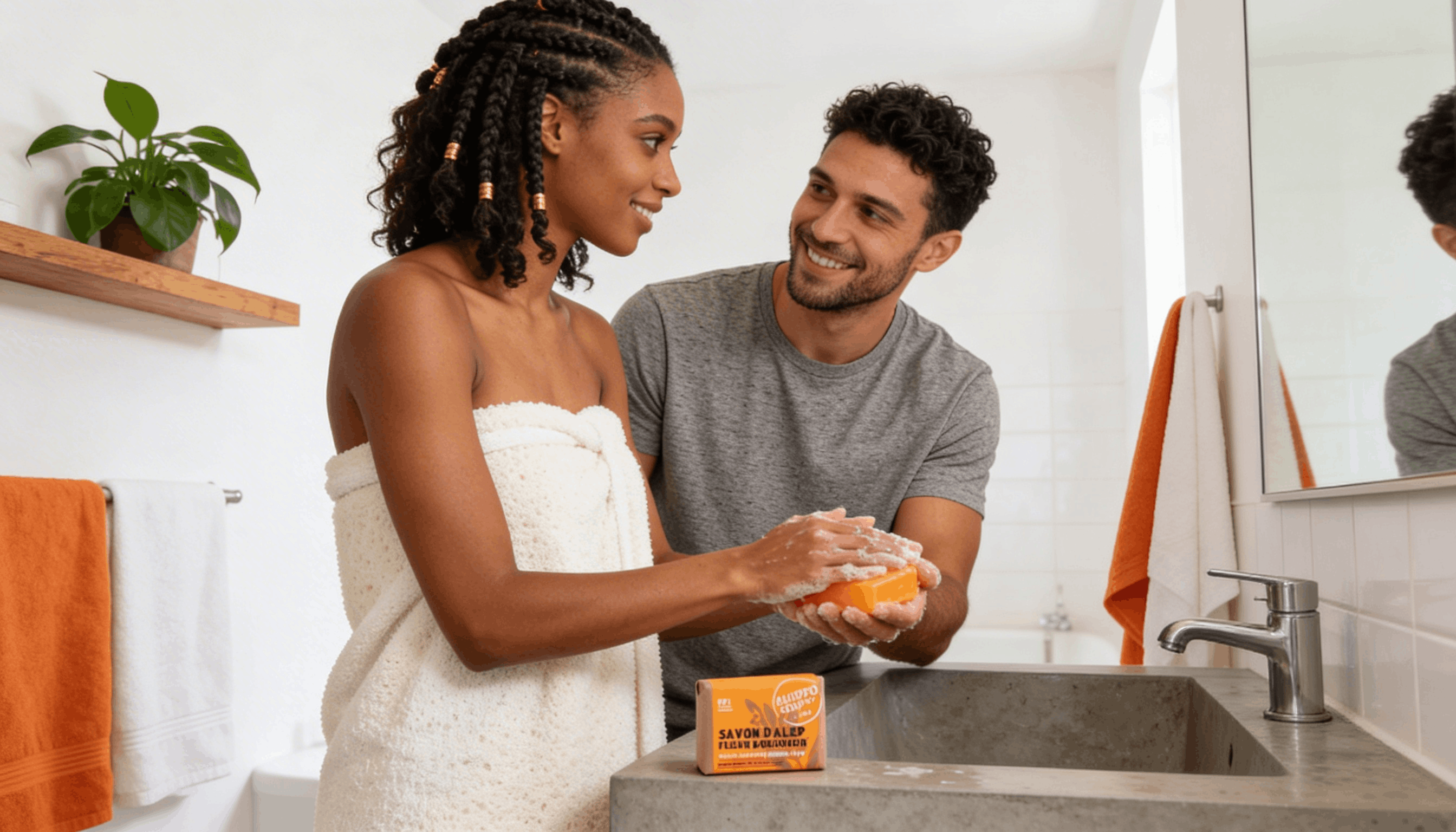 Couple utilisant un savon d'Alep fleur d'oranger dans leur salle de bain