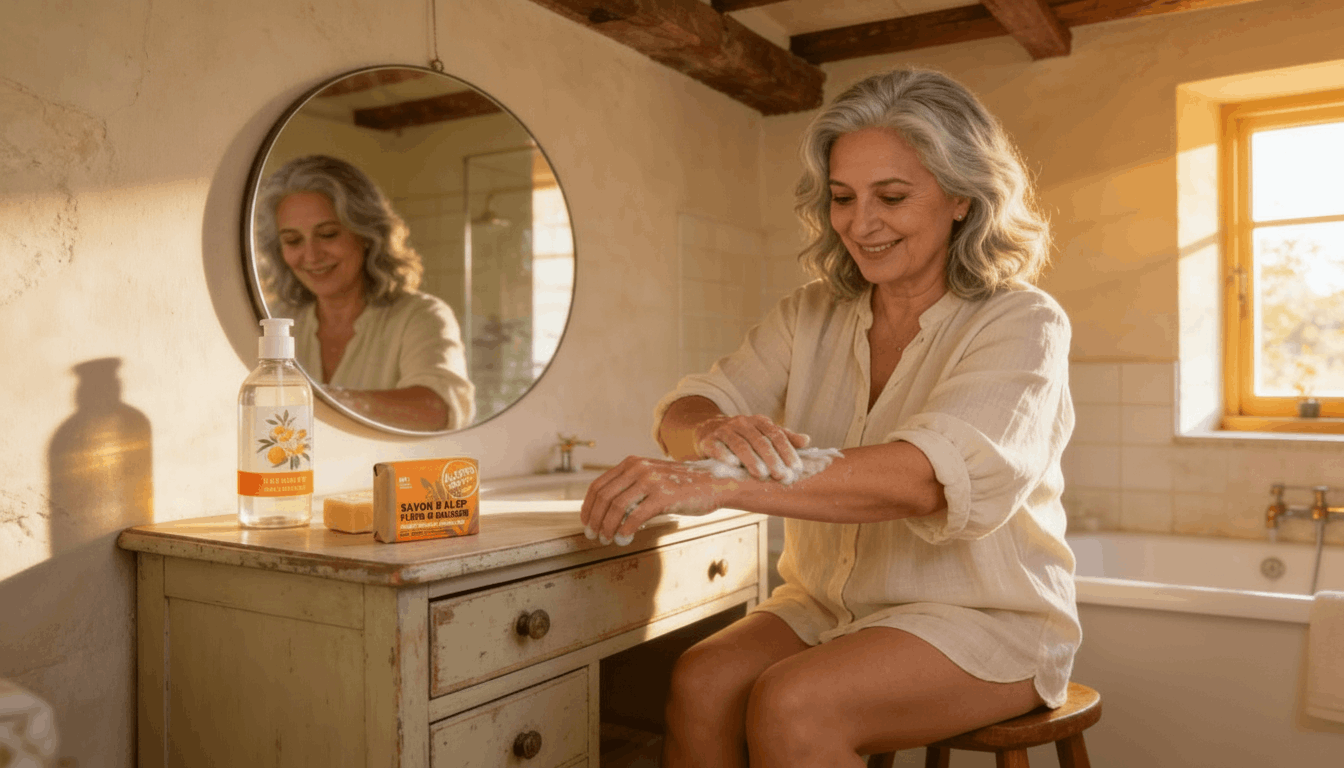Femme mature appliquant un savon d'Alep fleur d'oranger sur ses bras
