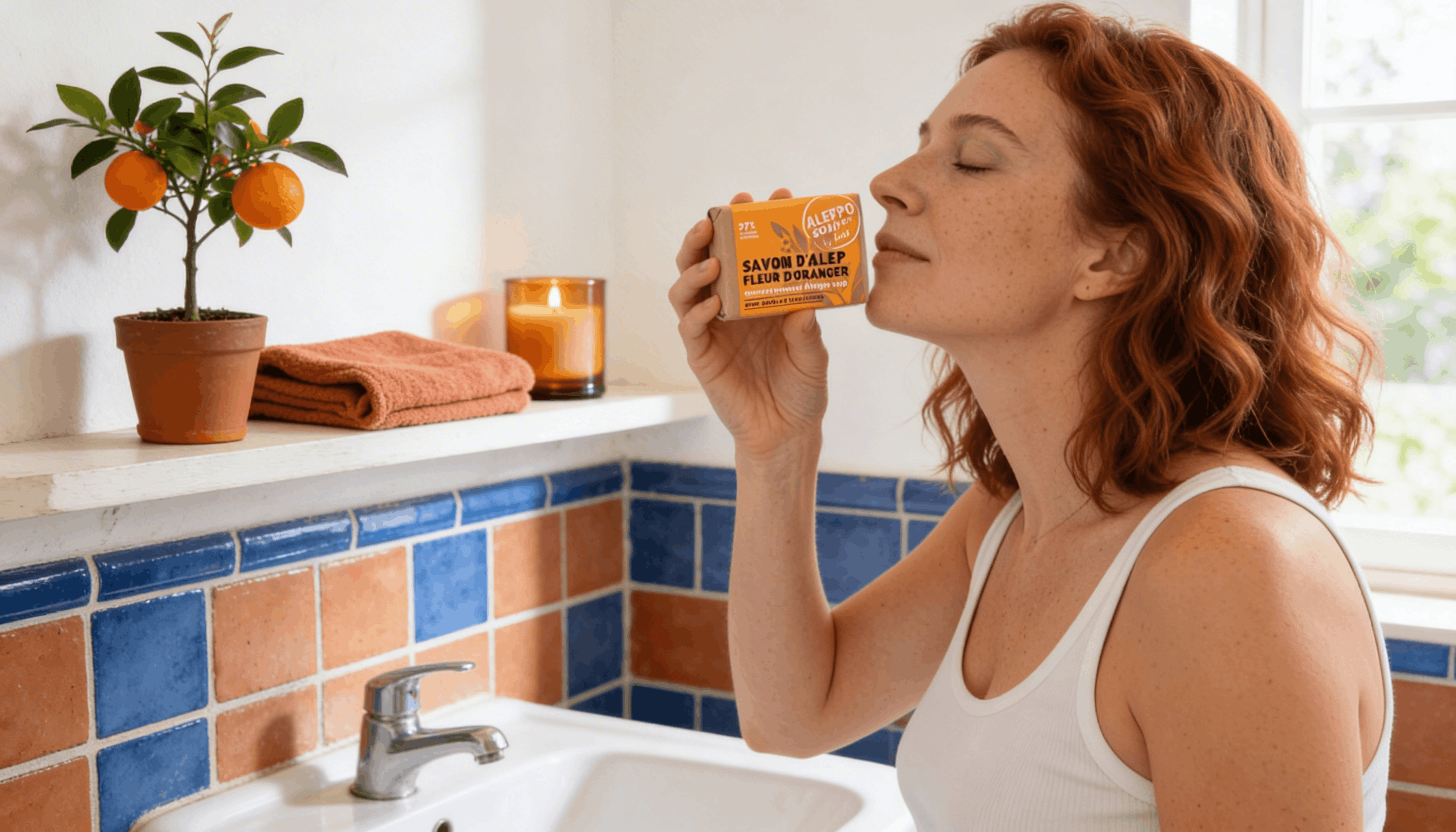 Femme rousse respirant un savon d'Alep fleur d'oranger