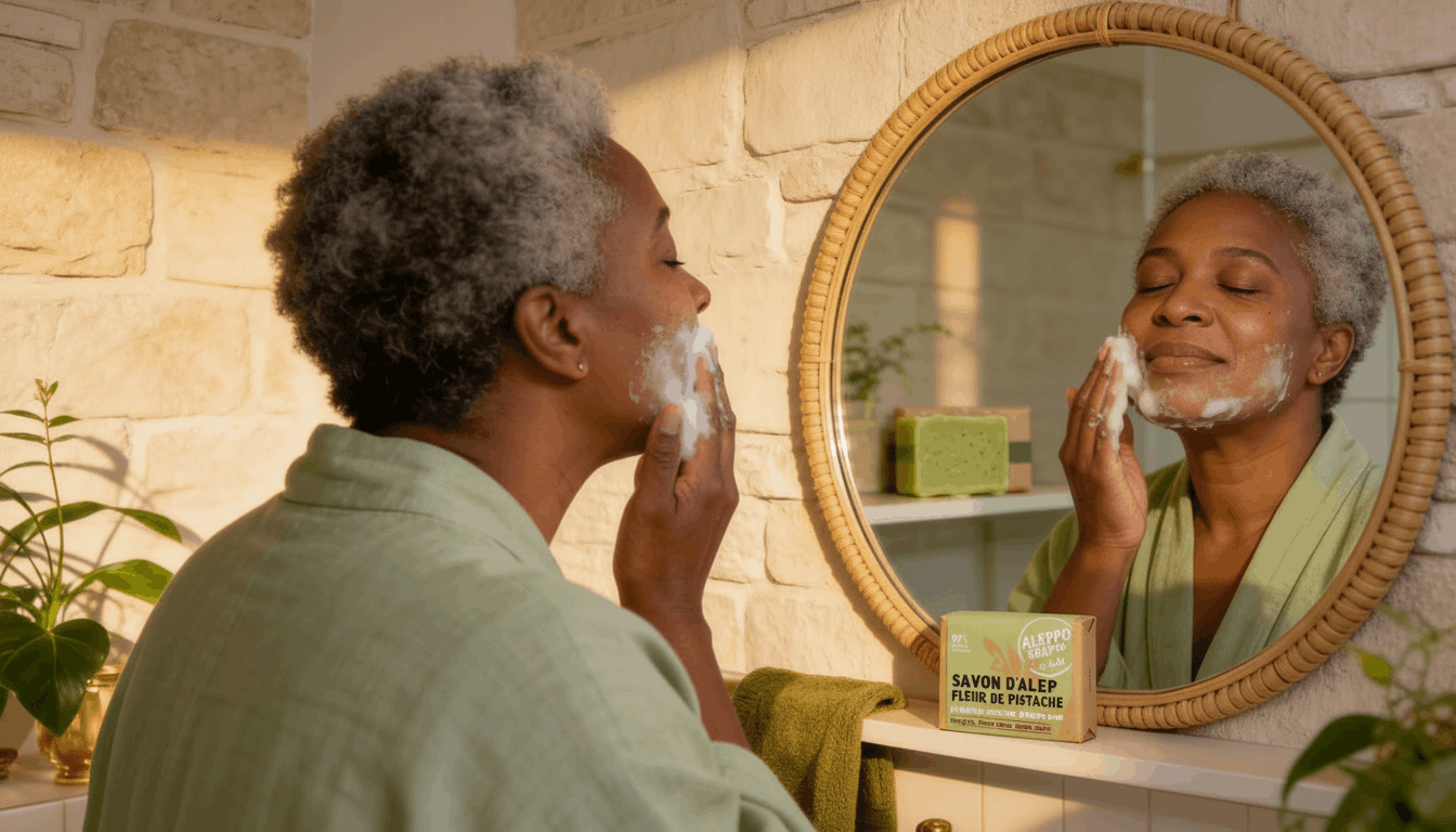 Femme aux cheveux gris utilisant un savon d'Alep pistache sur son visage