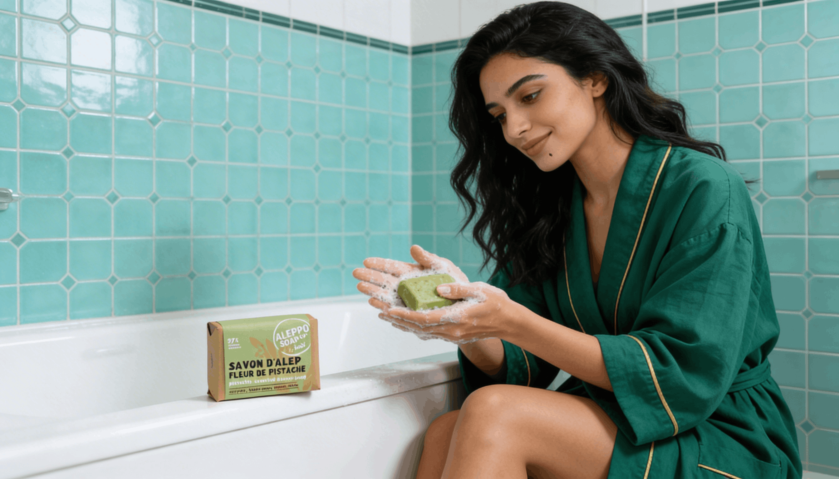 Femme utilisant un savon d'Alep pistache dans sa salle de bain