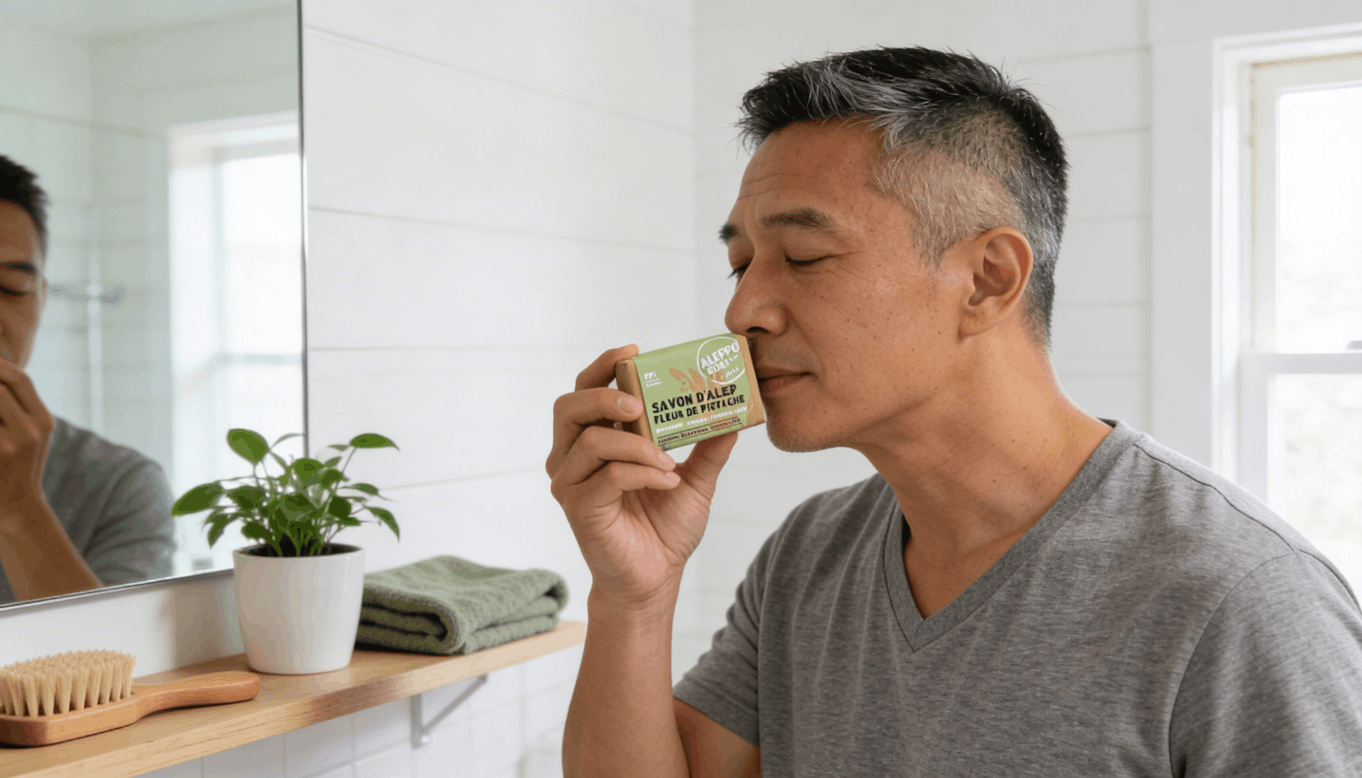 Homme sentant un savon d'Alep pistache Aleppo Soap Co