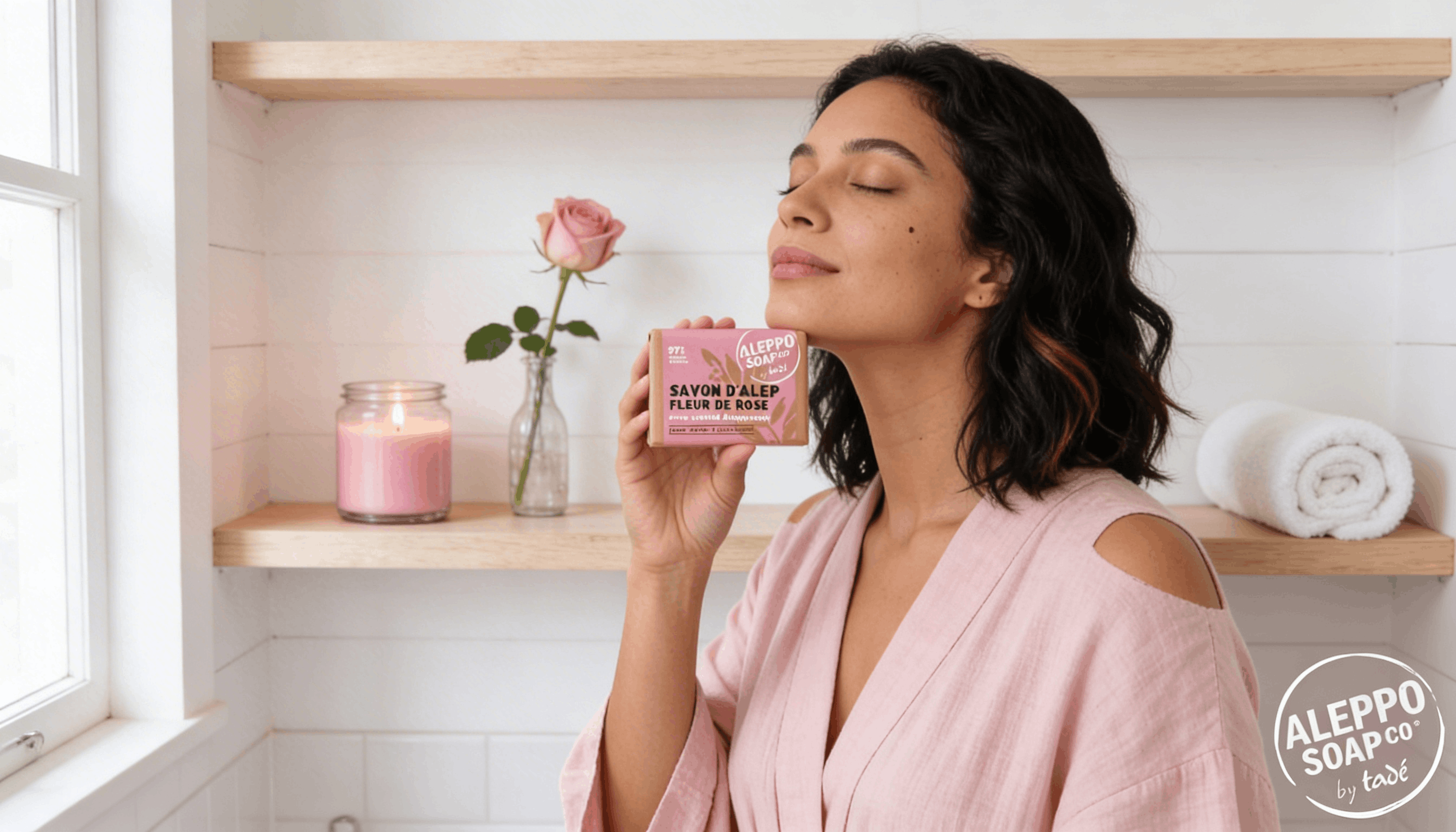 Femme respirant un savon d'Alep fleur de rose