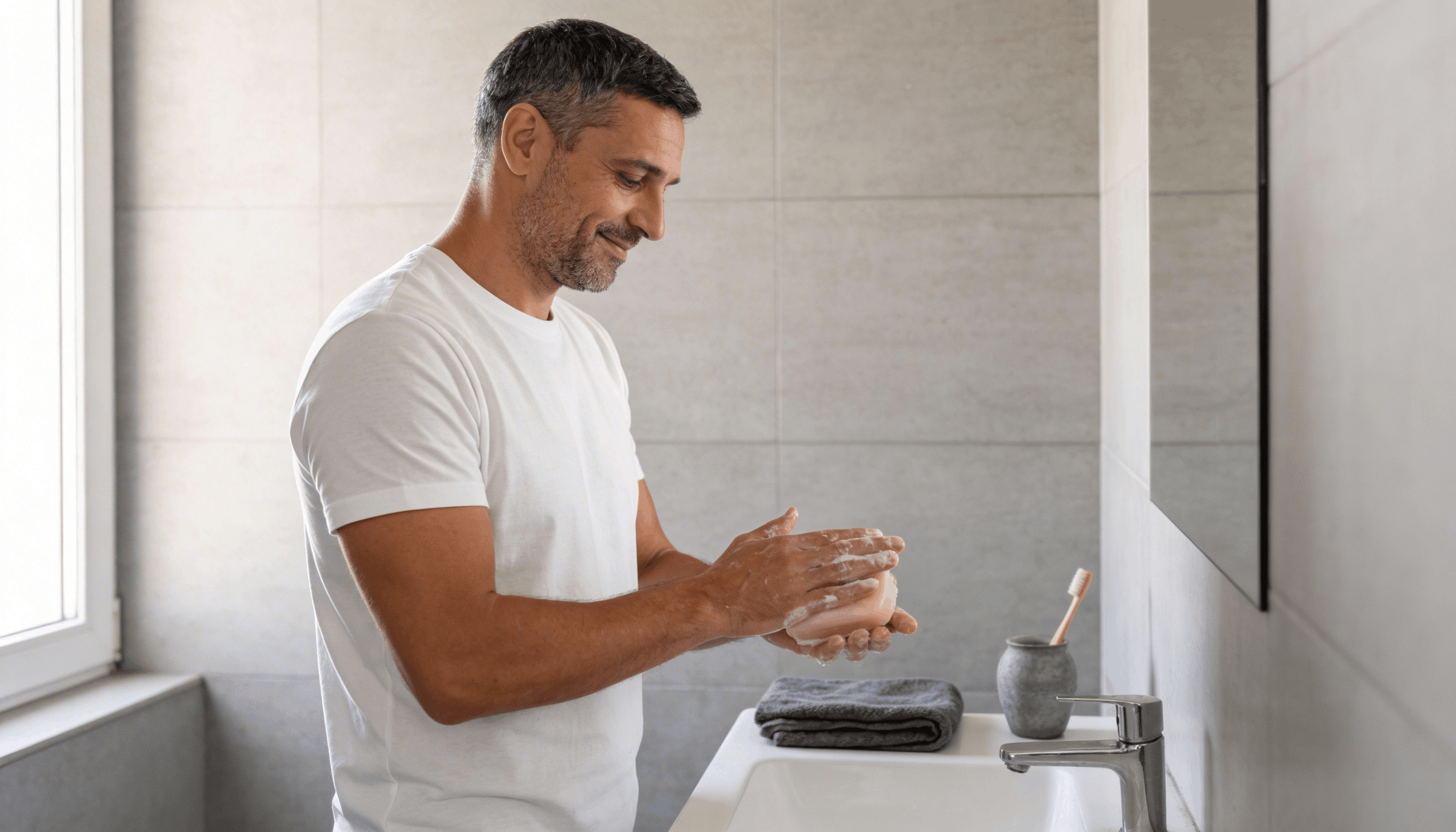 Homme utilisant un savon d'Alep rose dans sa salle de bain
