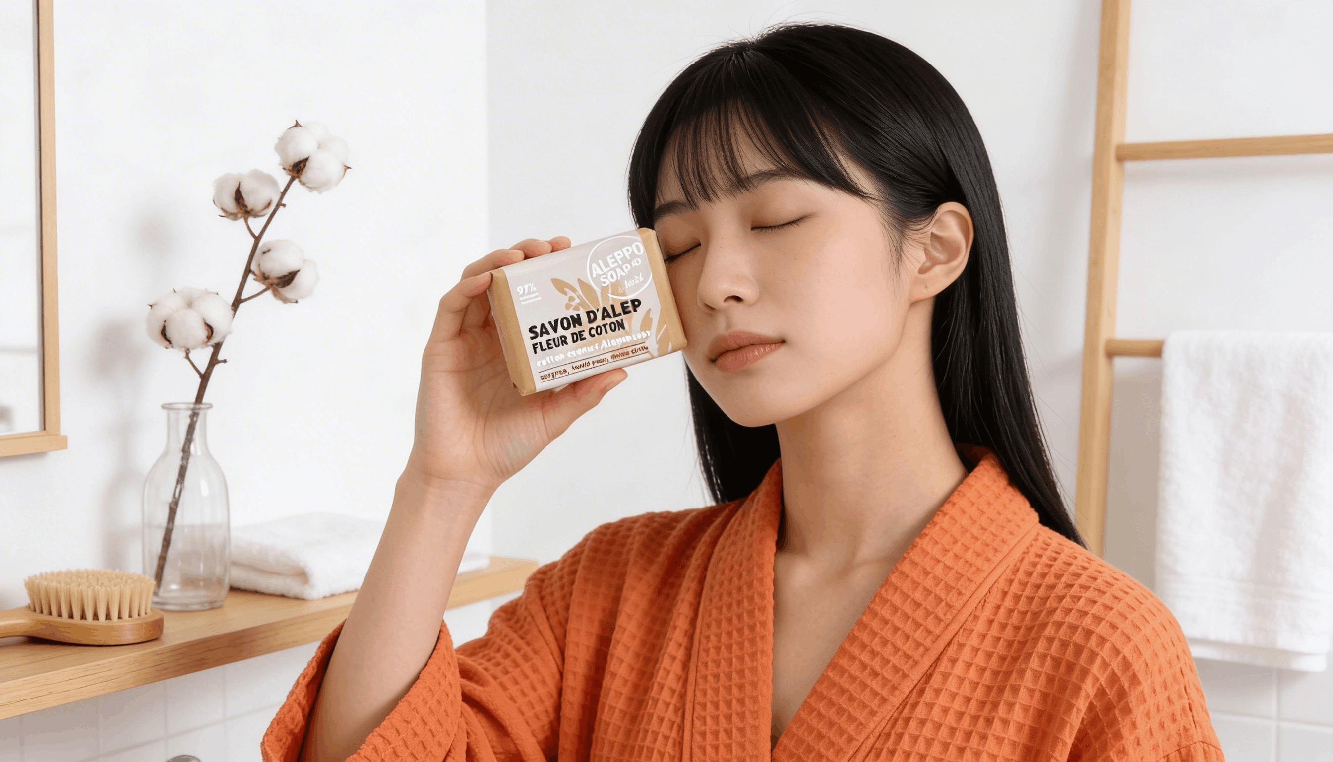 Femme asiatique respirant un savon d'Alep fleur de coton