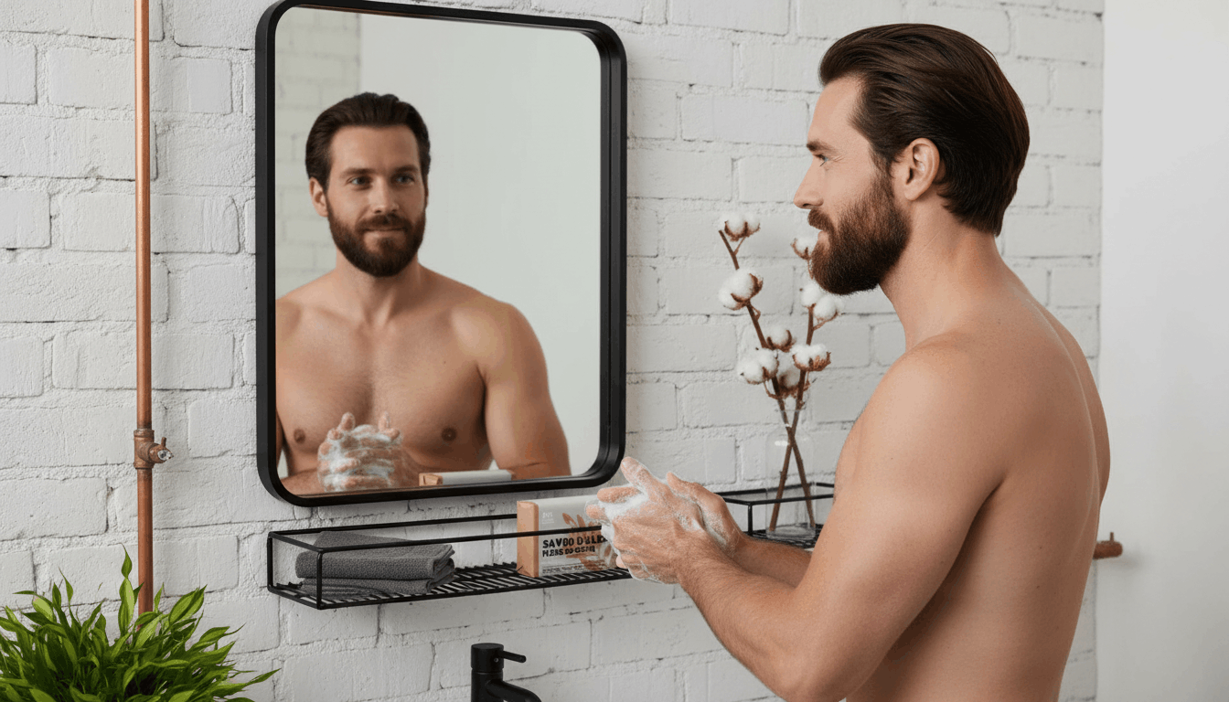 Homme barbu utilisant un savon d'Alep fleur de coton dans sa salle de bain