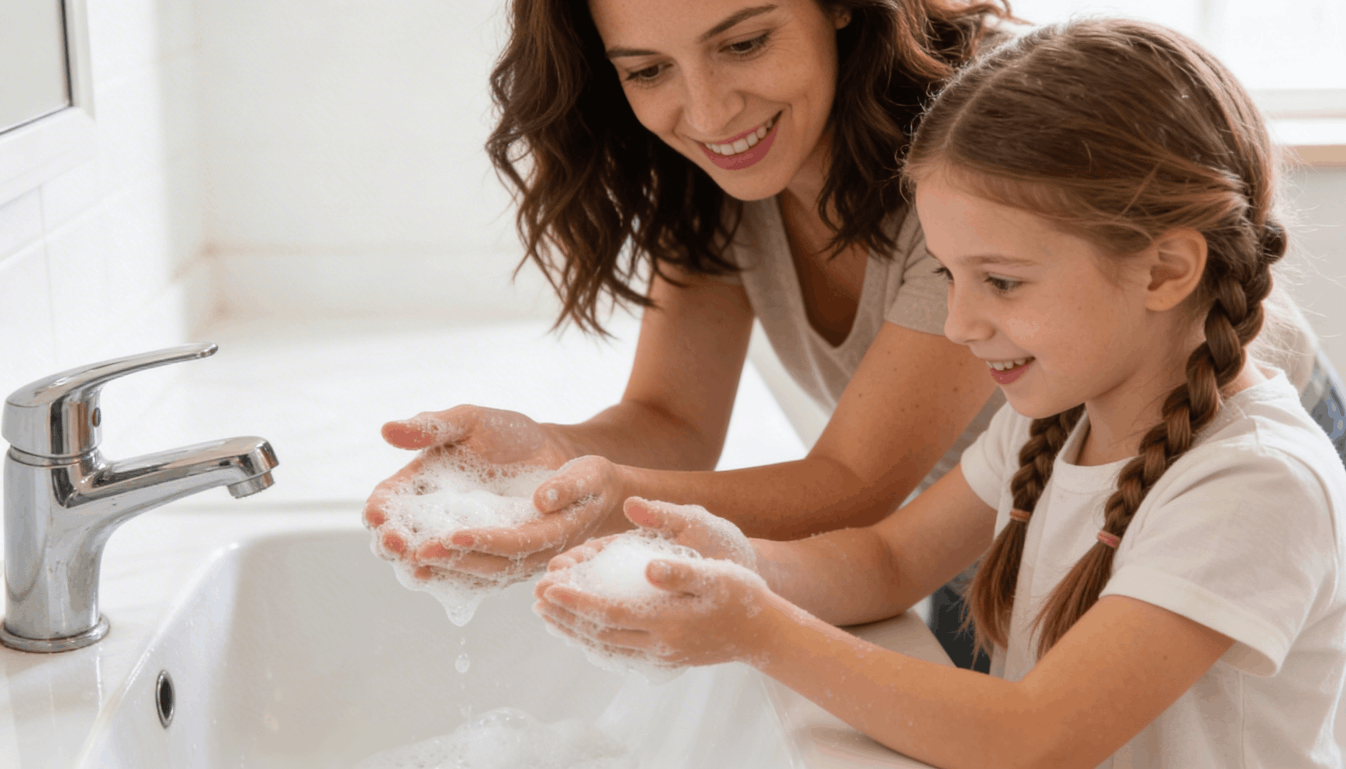 Mère et fille utilisant un savon d'Alep fleur de coton ensemble