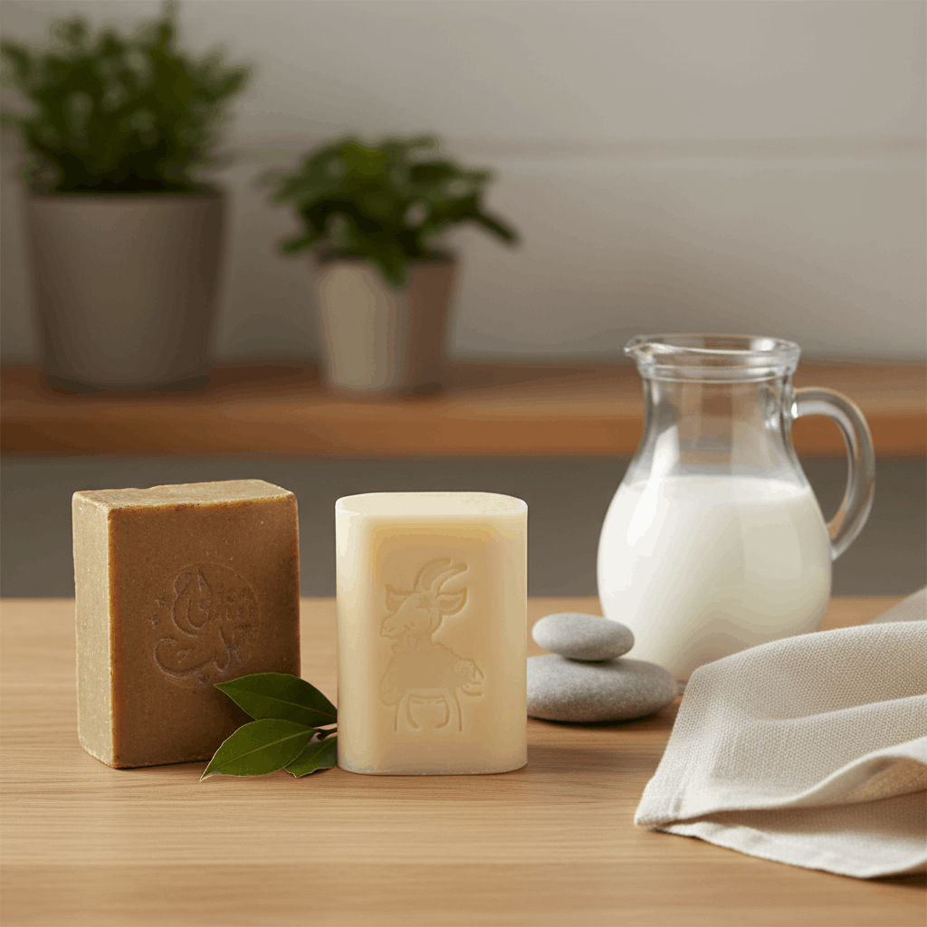 Comparatif savon d'Alep vert olive et savon au lait de chèvre blanc sur plan de travail en bois avec laurier et lait
