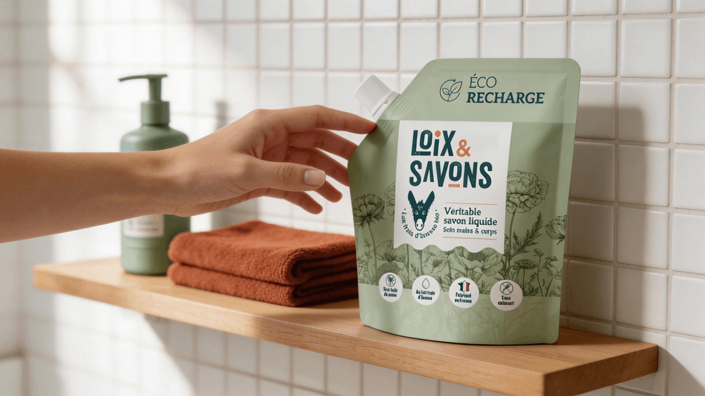 Main verse recharge doypack savon liquide lait anesse dans flacon pompe lavabo