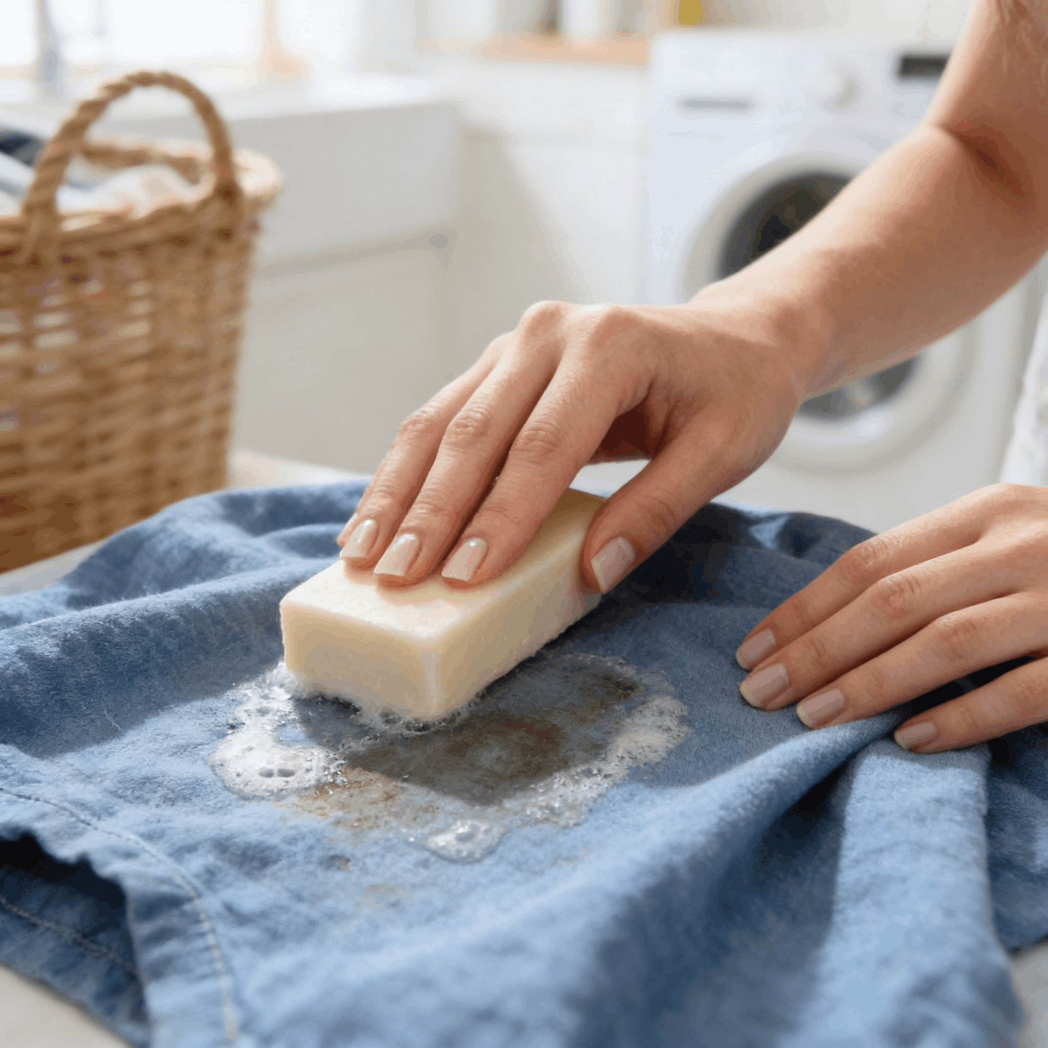 Mains frottant le savon détachant à la saponaire sur une tache sur un vêtement
