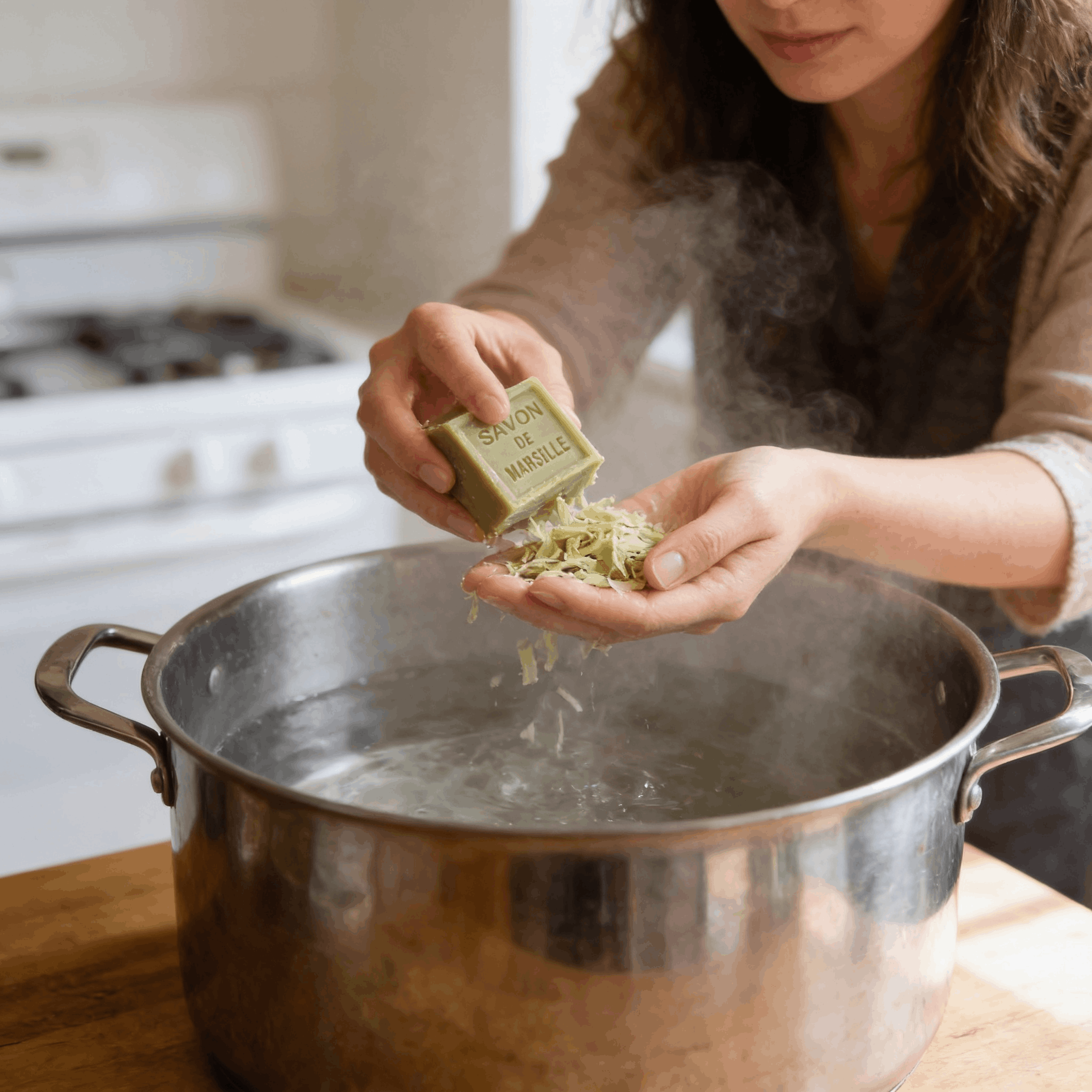 Préparation de lessive maison en faisant fondre les copeaux de savon de Marseille dans l'eau chaude