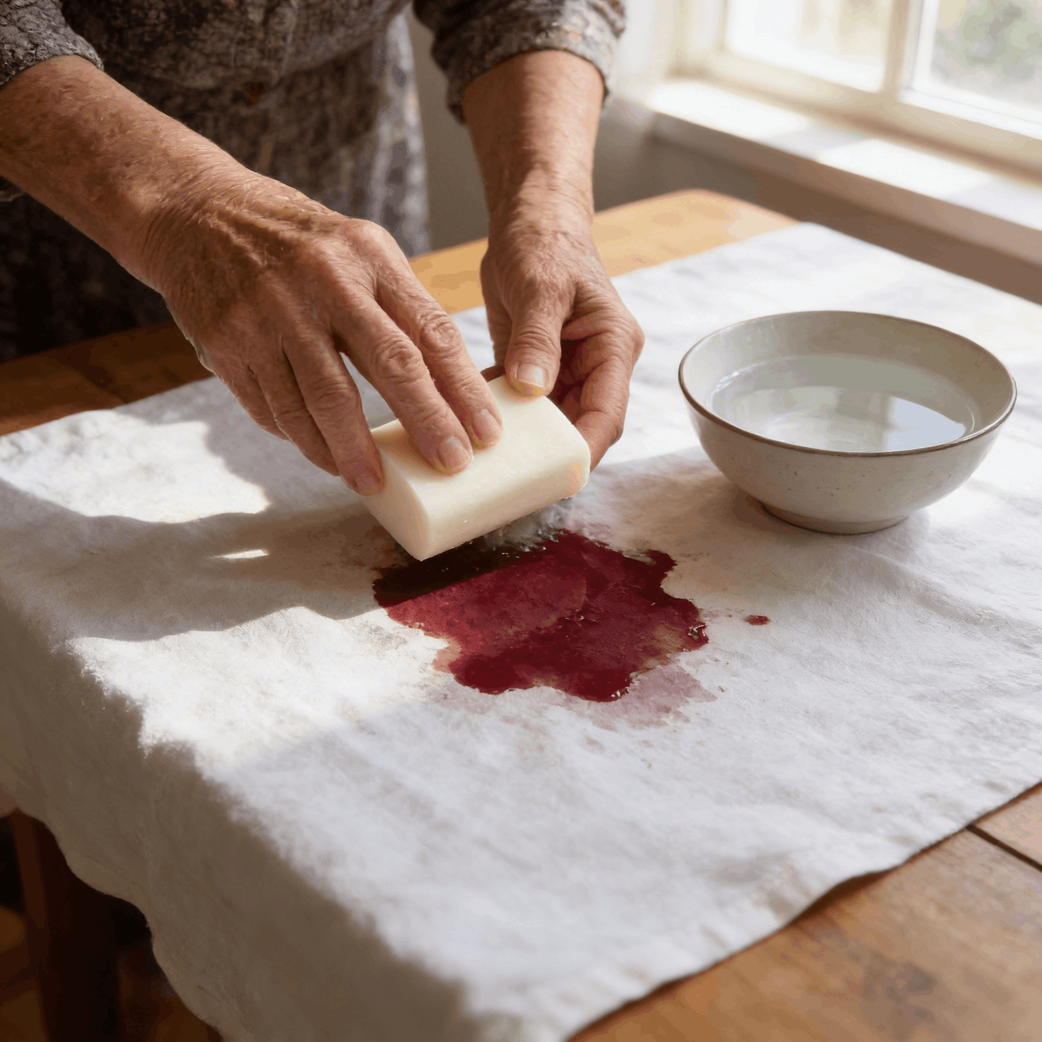 Nappe tachée de vin rouge étalée sur la table avant détachage au savon à la saponaire