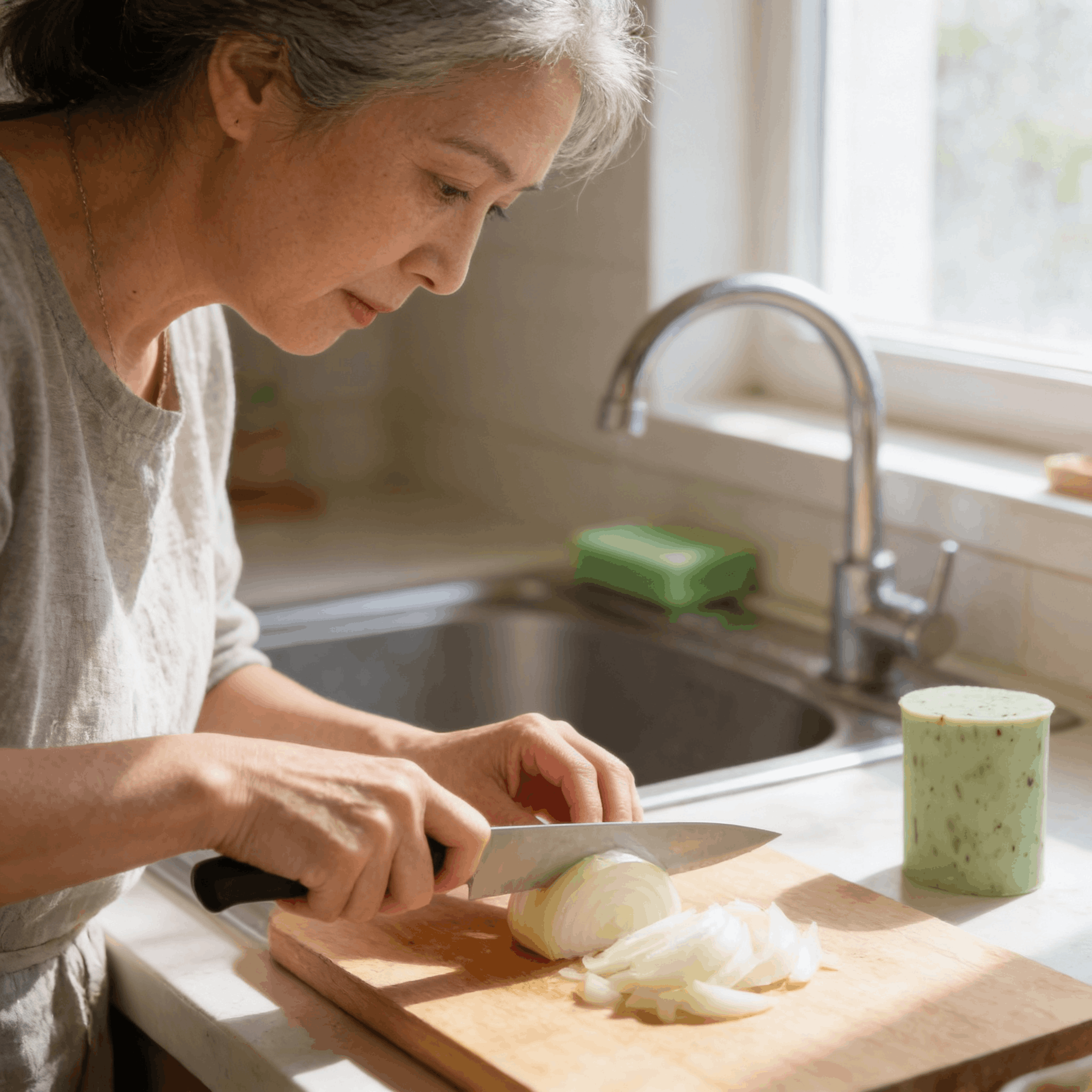 Femme cuisinant avec le savon au thym anti-odeur à portée de main près de l'évier