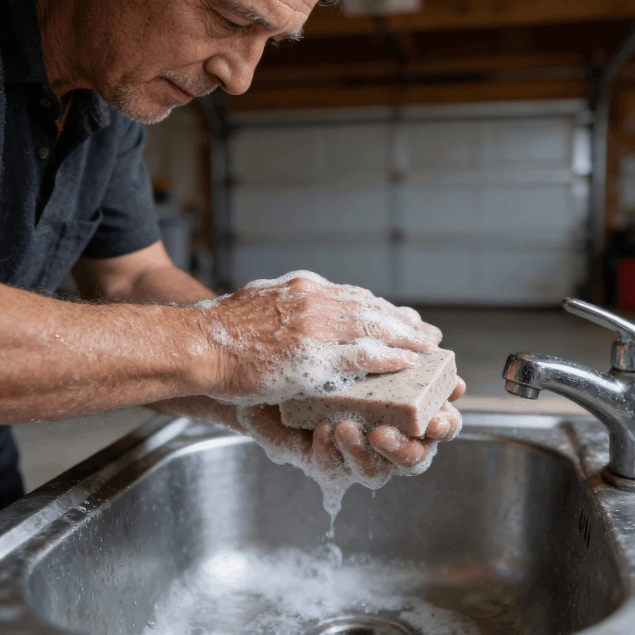 Mains faisant mousser le savon exfoliant au marc de café pour enlever les traces de bricolage