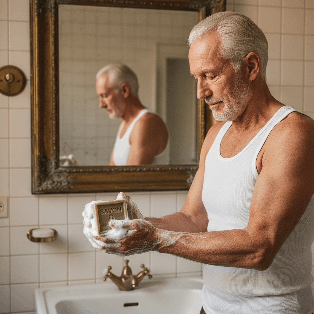 Homme se lavant avec le savon de Marseille dans sa salle de bain traditionnelle