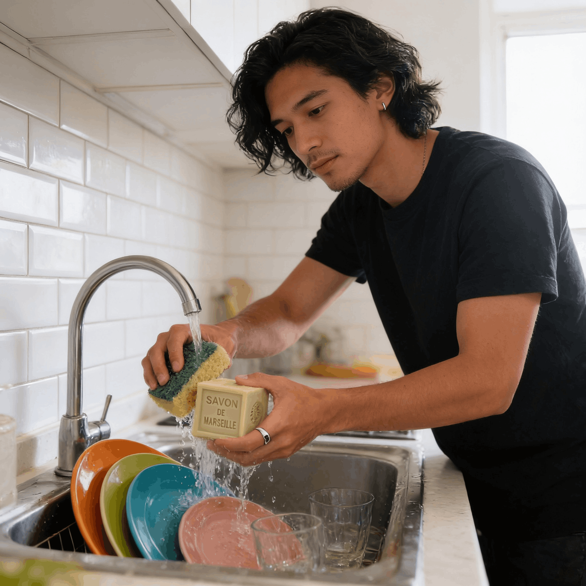Jeune homme faisant la vaisselle avec le savon de Marseille dans sa cuisine