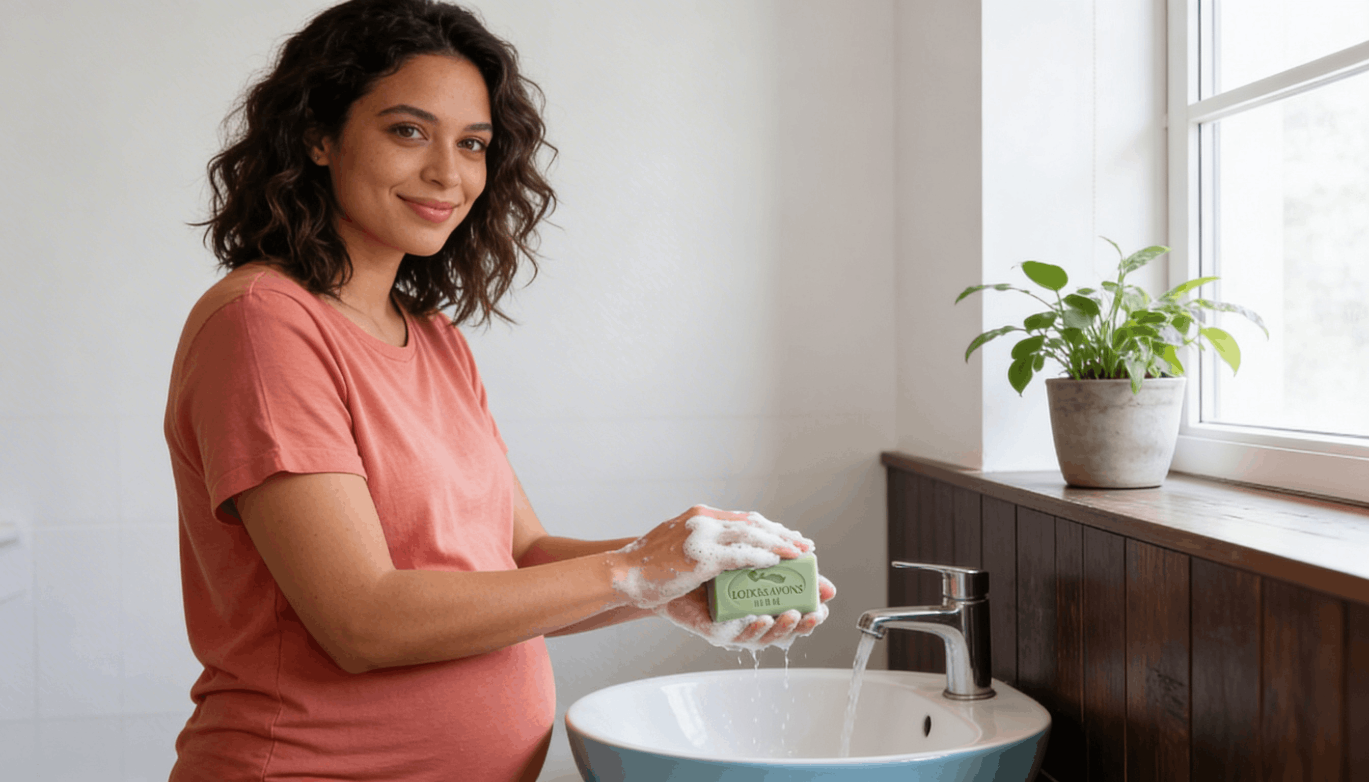 Femme enceinte faisant mousser savon aloe vera salle de bain