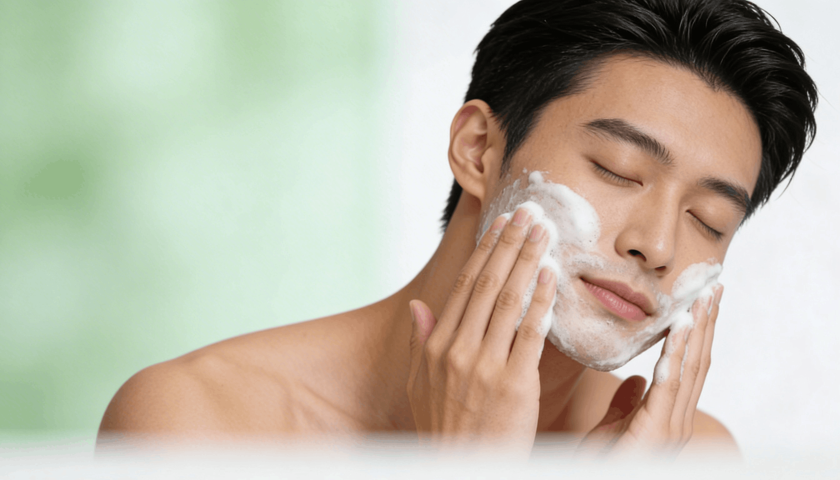 Homme appliquant mousse savon aloe vera sur visage