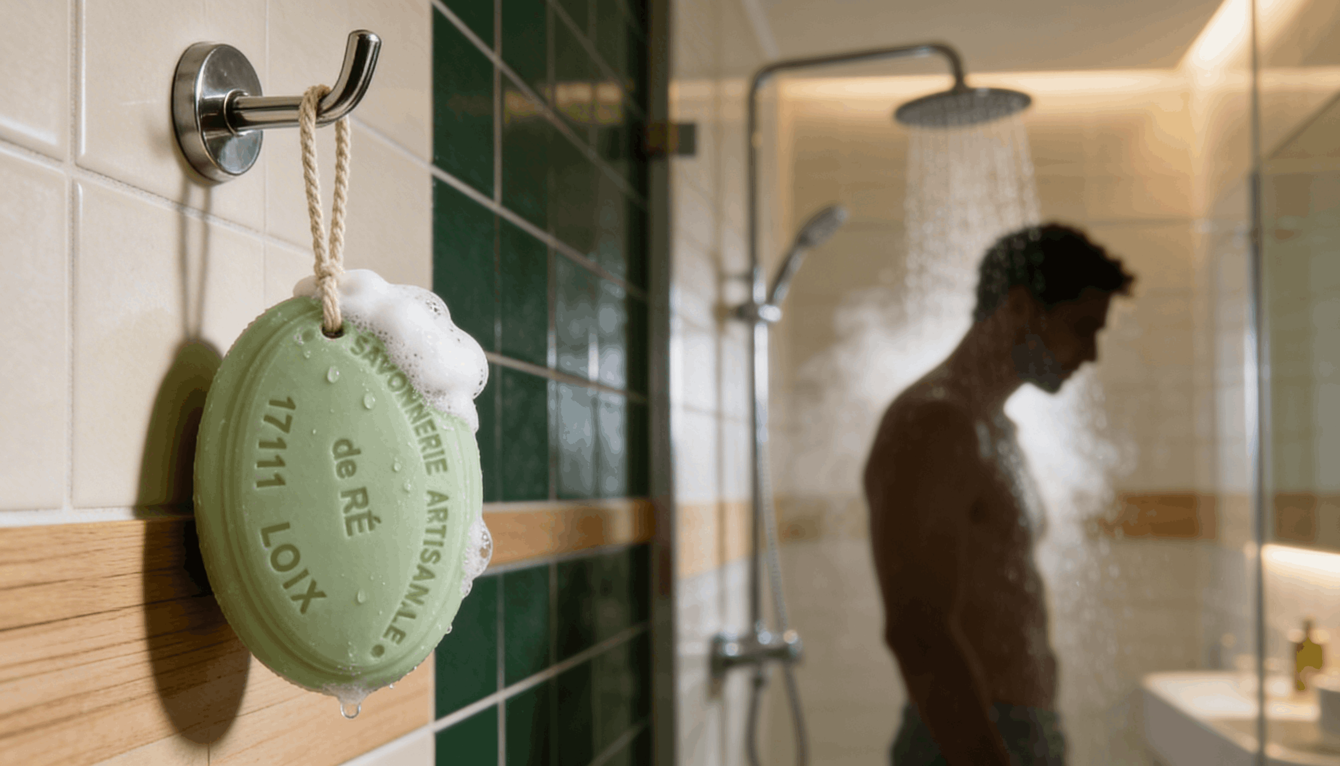 Savon aloe vera vert ficelle suspendu dans douche
