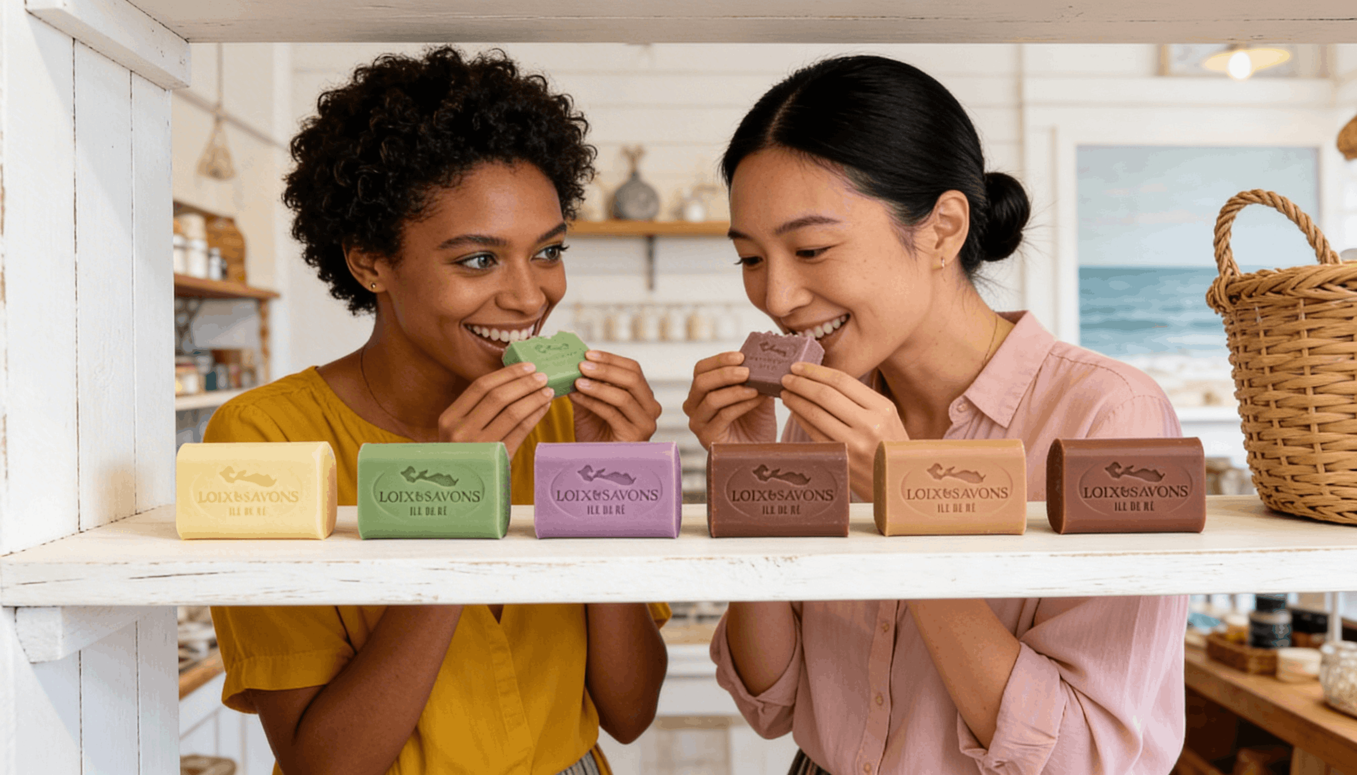 Deux amies choisissant des savons parfumés artisanaux dans une boutique de l'île de Ré