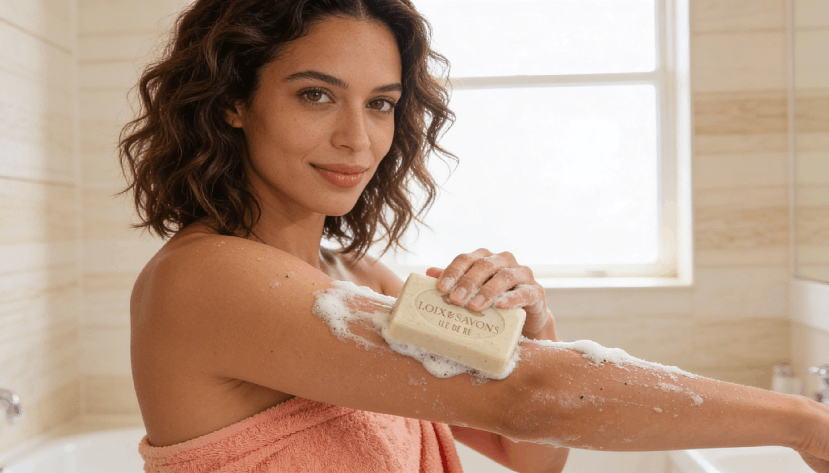 Femme massant son bras avec savon exfoliant salle de bain