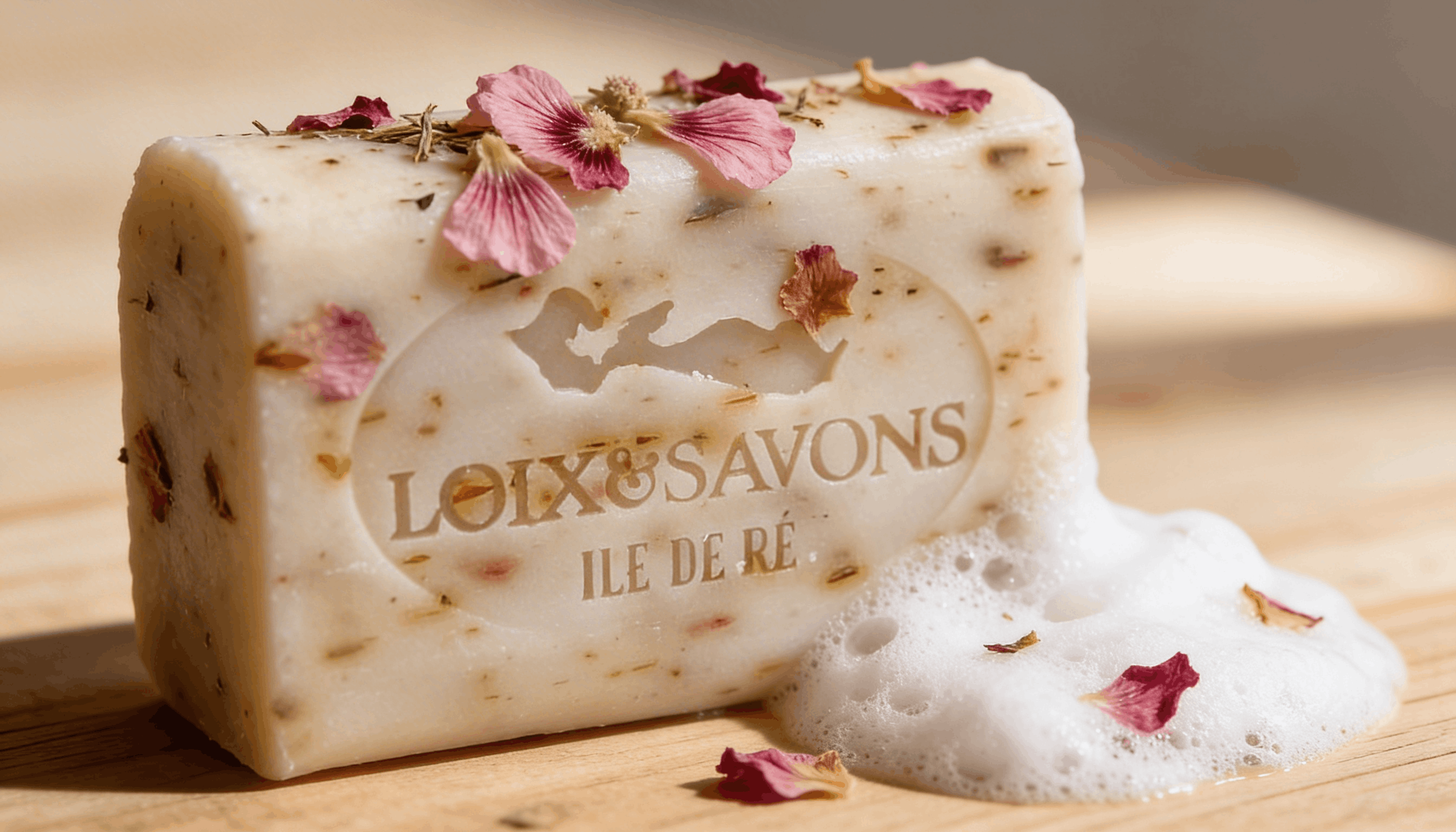 Gros plan texture savon exfoliant rose trémière avec pétales