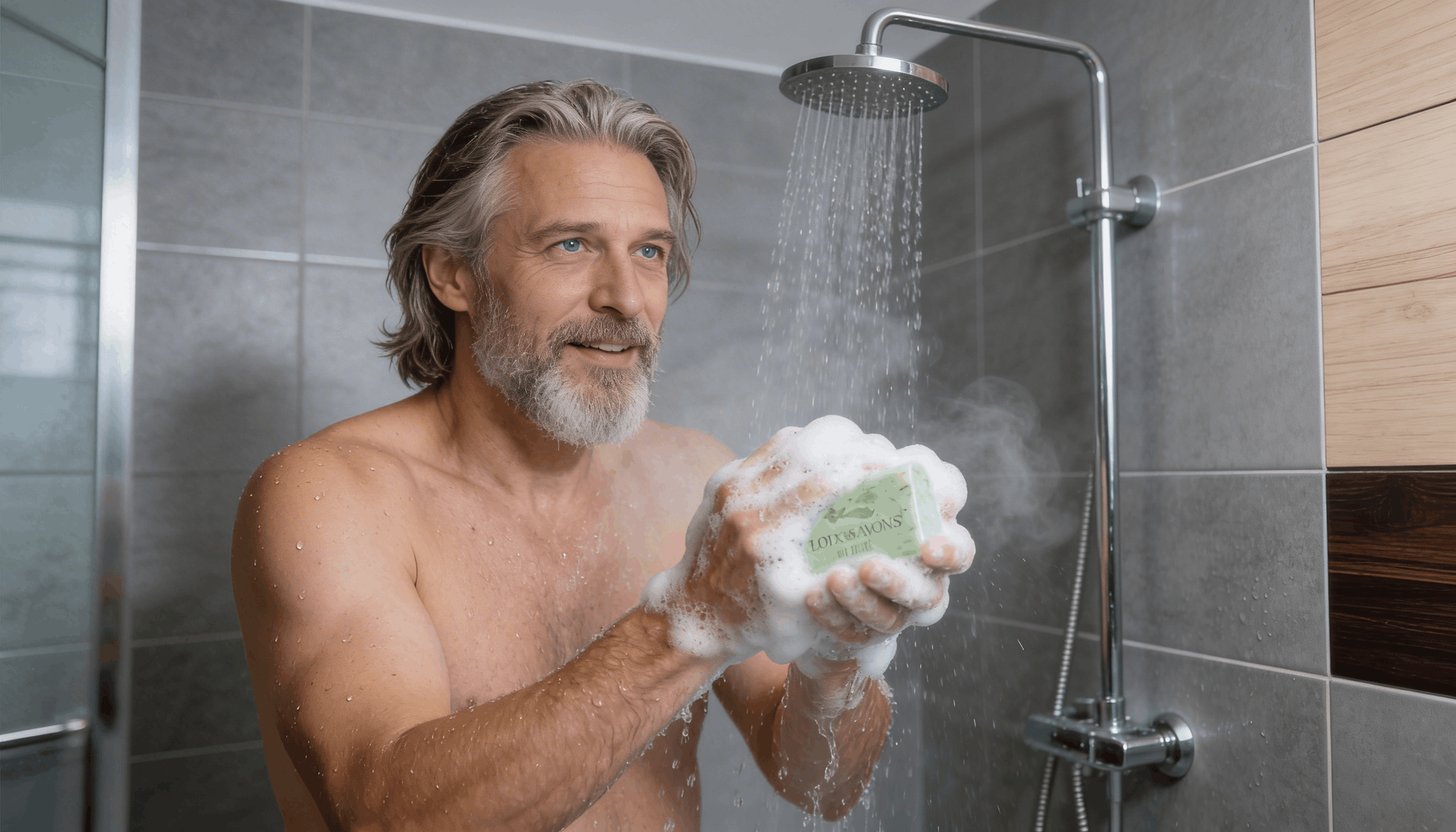 Homme faisant mousser savon menthe poivrée sous la douche