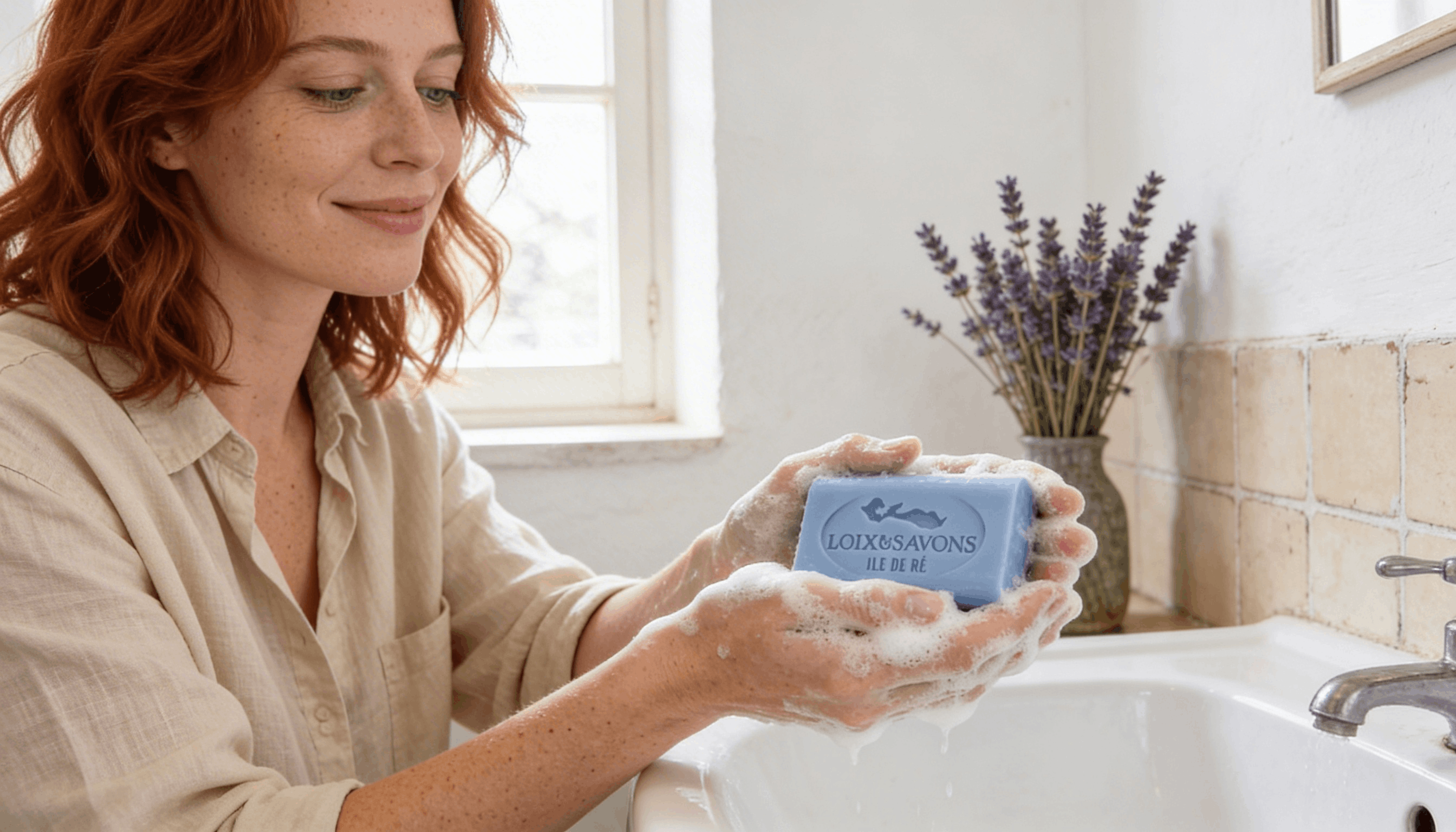 Femme faisant mousser savon lavande salle de bain provençale