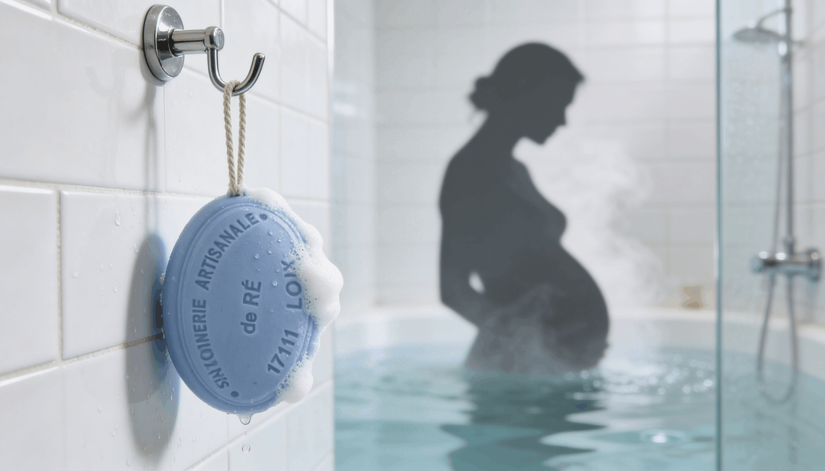 Savon lavande bleu ficelle suspendu dans douche
